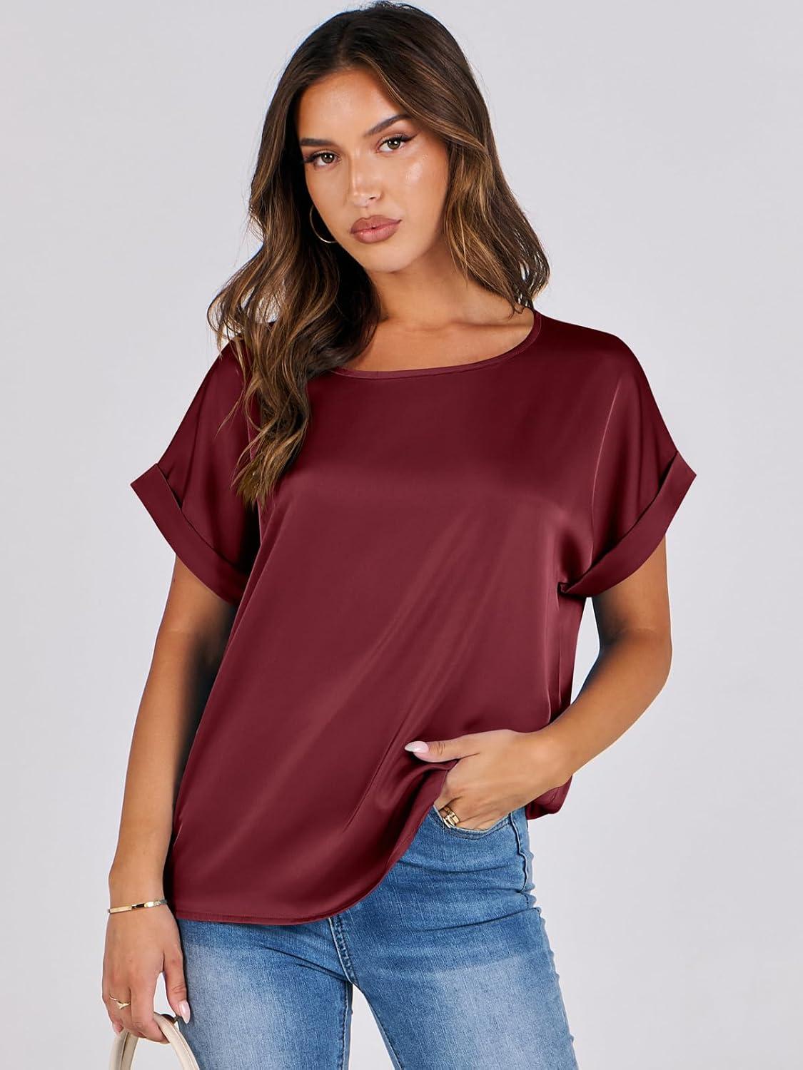 imageANRABESS Womens Summer Dressy Casual Short Sleeve Shirts Crewneck Satin 2025 Business Office Work Blouse TopsWine Red