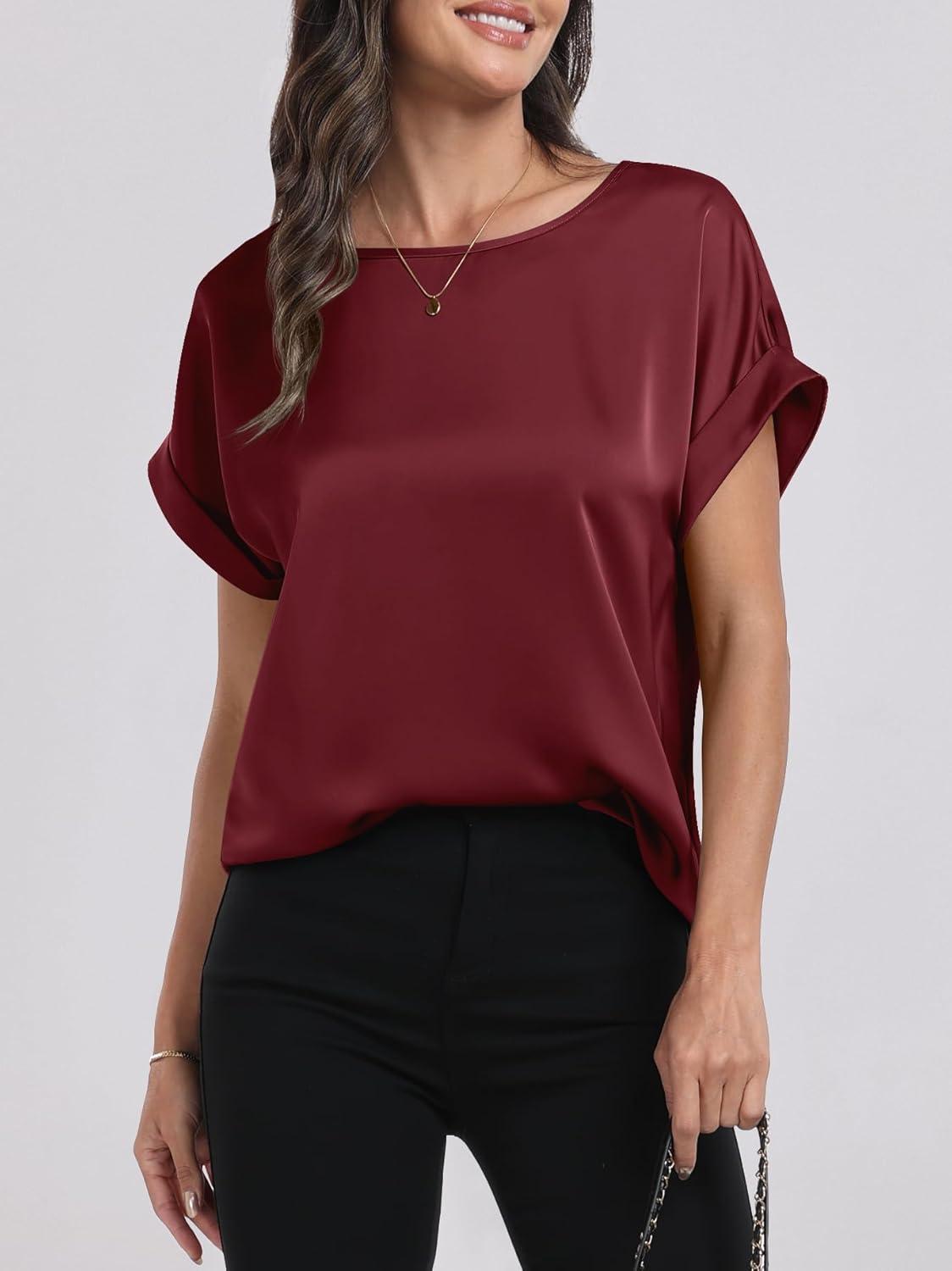 imageANRABESS Womens Summer Dressy Casual Short Sleeve Shirts Crewneck Satin 2025 Business Office Work Blouse TopsWine Red