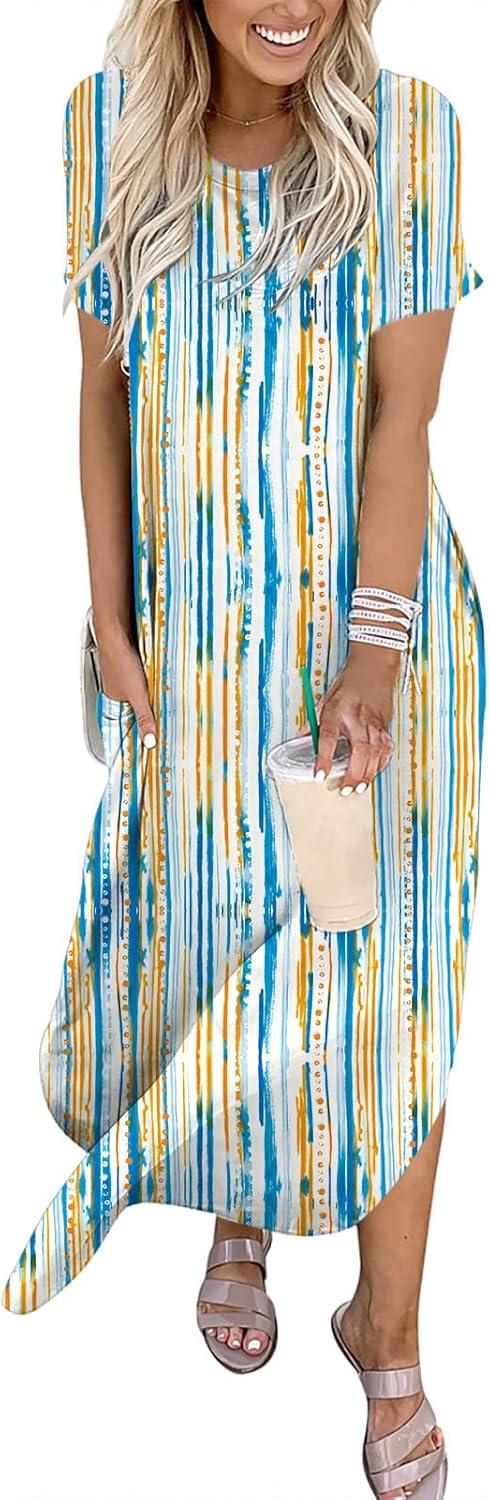 imageANRABESS Womens Summer Maxi Dress Short Sleeve Casual Loose Long T Shirt Dresses Split Vacation Beach Sundress Travel OutfitsBlue Ooange Ripples