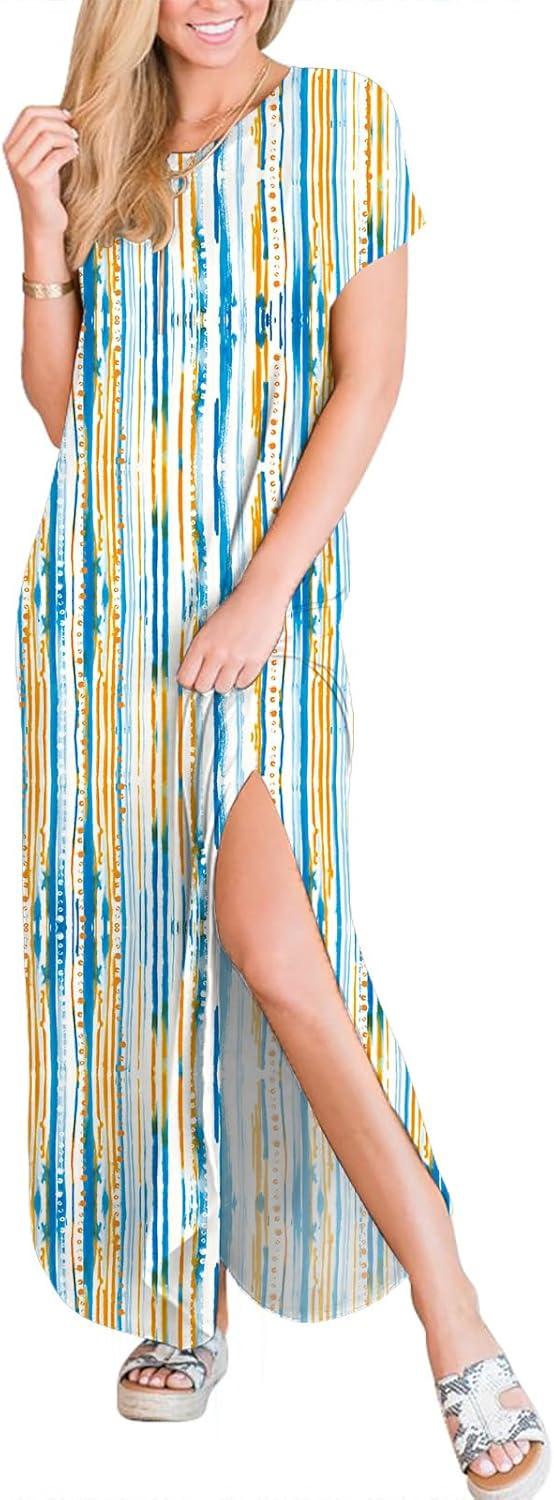 imageANRABESS Womens Summer Maxi Dress Short Sleeve Casual Loose Long T Shirt Dresses Split Vacation Beach Sundress Travel OutfitsBlue Ooange Ripples