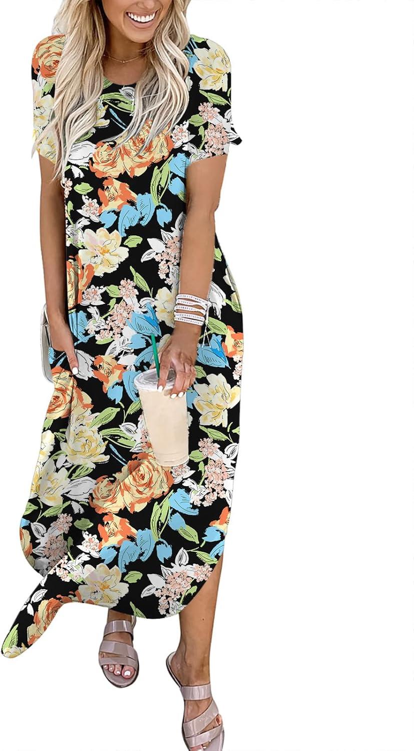 imageANRABESS Womens Summer Maxi Dress Short Sleeve Casual Loose Long T Shirt Dresses Split Vacation Beach Sundress Travel OutfitsFloral Orange Yellow