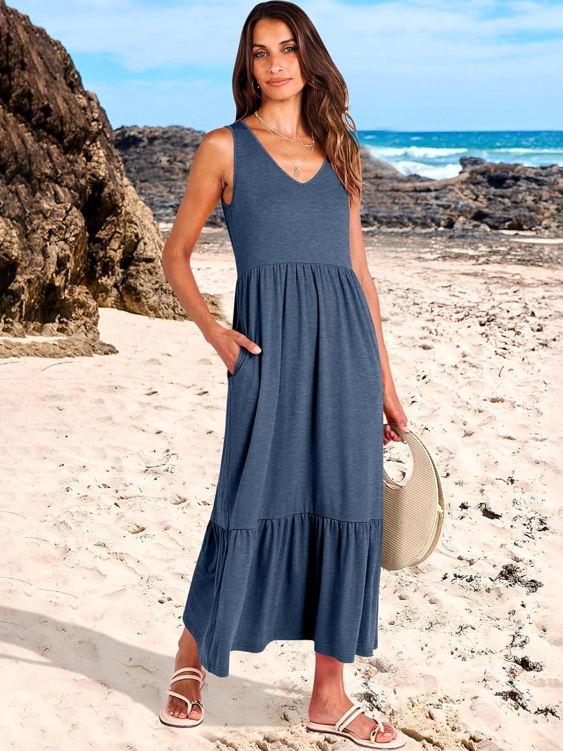 imageANRABESS Womens Summer Maxi Dresses Fit ampamp Flare Flowy V Neck Sleeveless Swing Casual Tiered Beach Sundress with PocketsBlue