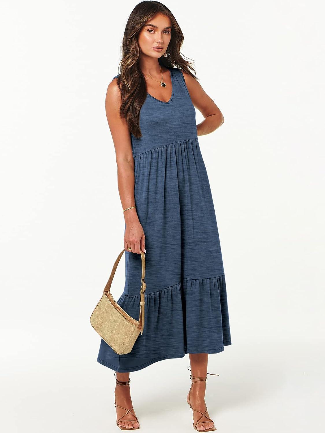 imageANRABESS Womens Summer Maxi Dresses Fit ampamp Flare Flowy V Neck Sleeveless Swing Casual Tiered Beach Sundress with PocketsBlue