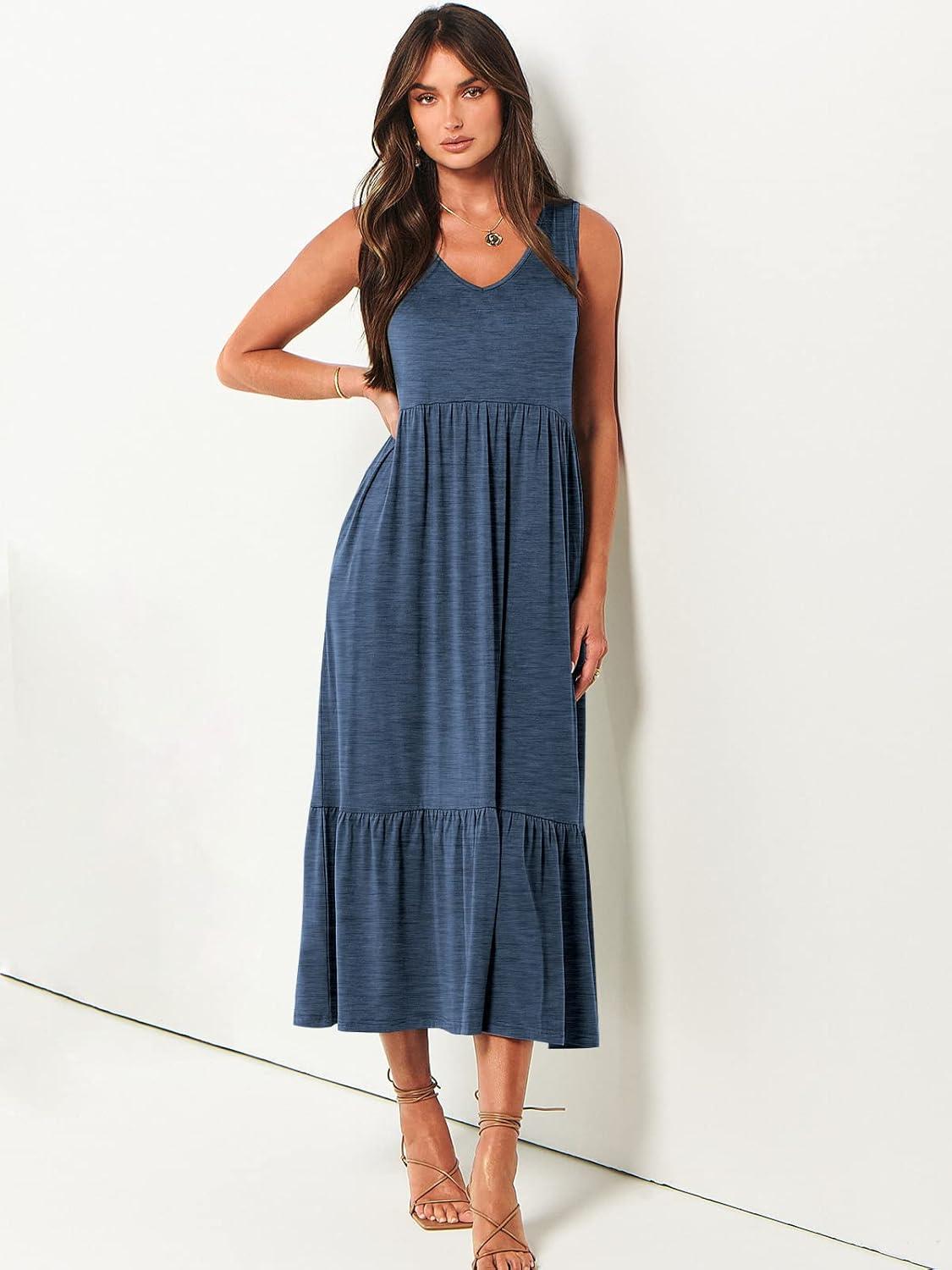 imageANRABESS Womens Summer Maxi Dresses Fit ampamp Flare Flowy V Neck Sleeveless Swing Casual Tiered Beach Sundress with PocketsBlue