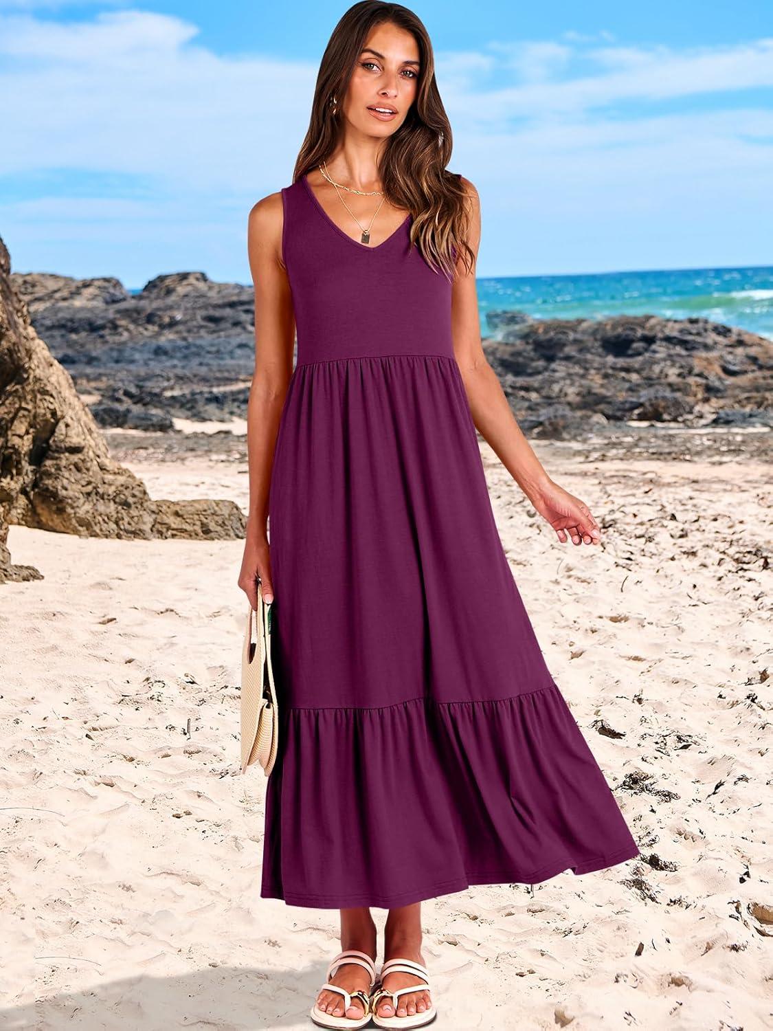 imageANRABESS Womens Summer Maxi Dresses Fit ampamp Flare Flowy V Neck Sleeveless Swing Casual Tiered Beach Sundress with PocketsDark Purple