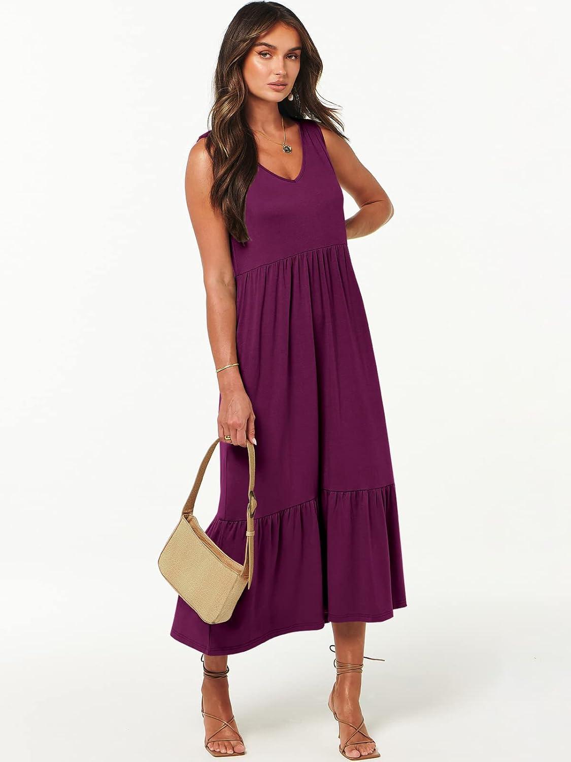 imageANRABESS Womens Summer Maxi Dresses Fit ampamp Flare Flowy V Neck Sleeveless Swing Casual Tiered Beach Sundress with PocketsDark Purple