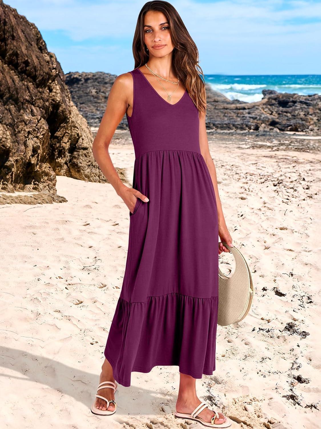 imageANRABESS Womens Summer Maxi Dresses Fit ampamp Flare Flowy V Neck Sleeveless Swing Casual Tiered Beach Sundress with PocketsDark Purple