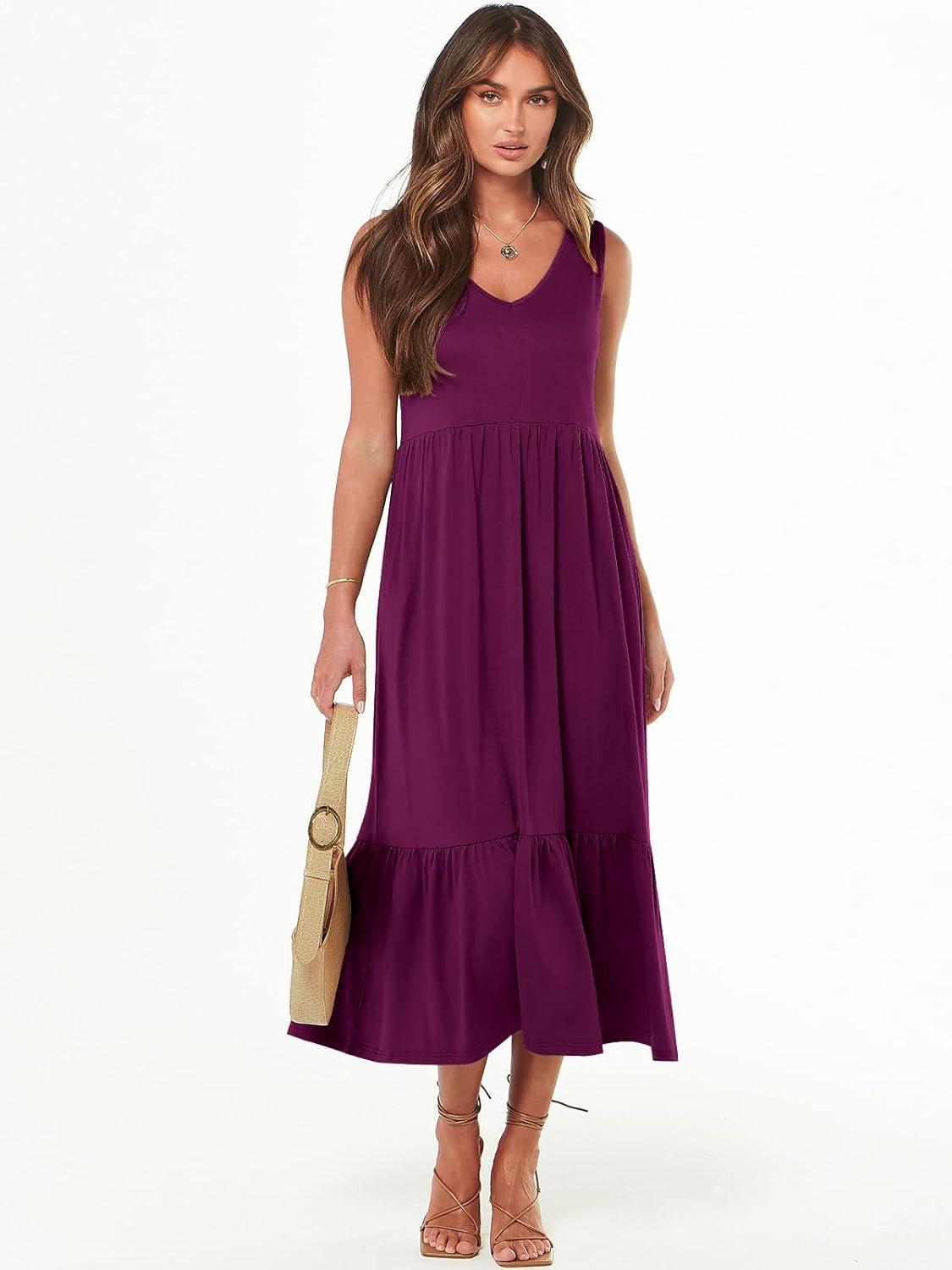 imageANRABESS Womens Summer Maxi Dresses Fit ampamp Flare Flowy V Neck Sleeveless Swing Casual Tiered Beach Sundress with PocketsDark Purple