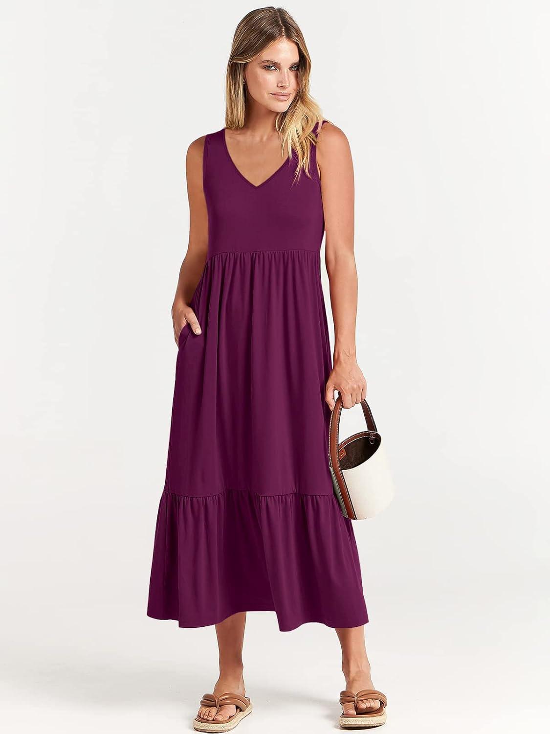 imageANRABESS Womens Summer Maxi Dresses Fit ampamp Flare Flowy V Neck Sleeveless Swing Casual Tiered Beach Sundress with PocketsDark Purple