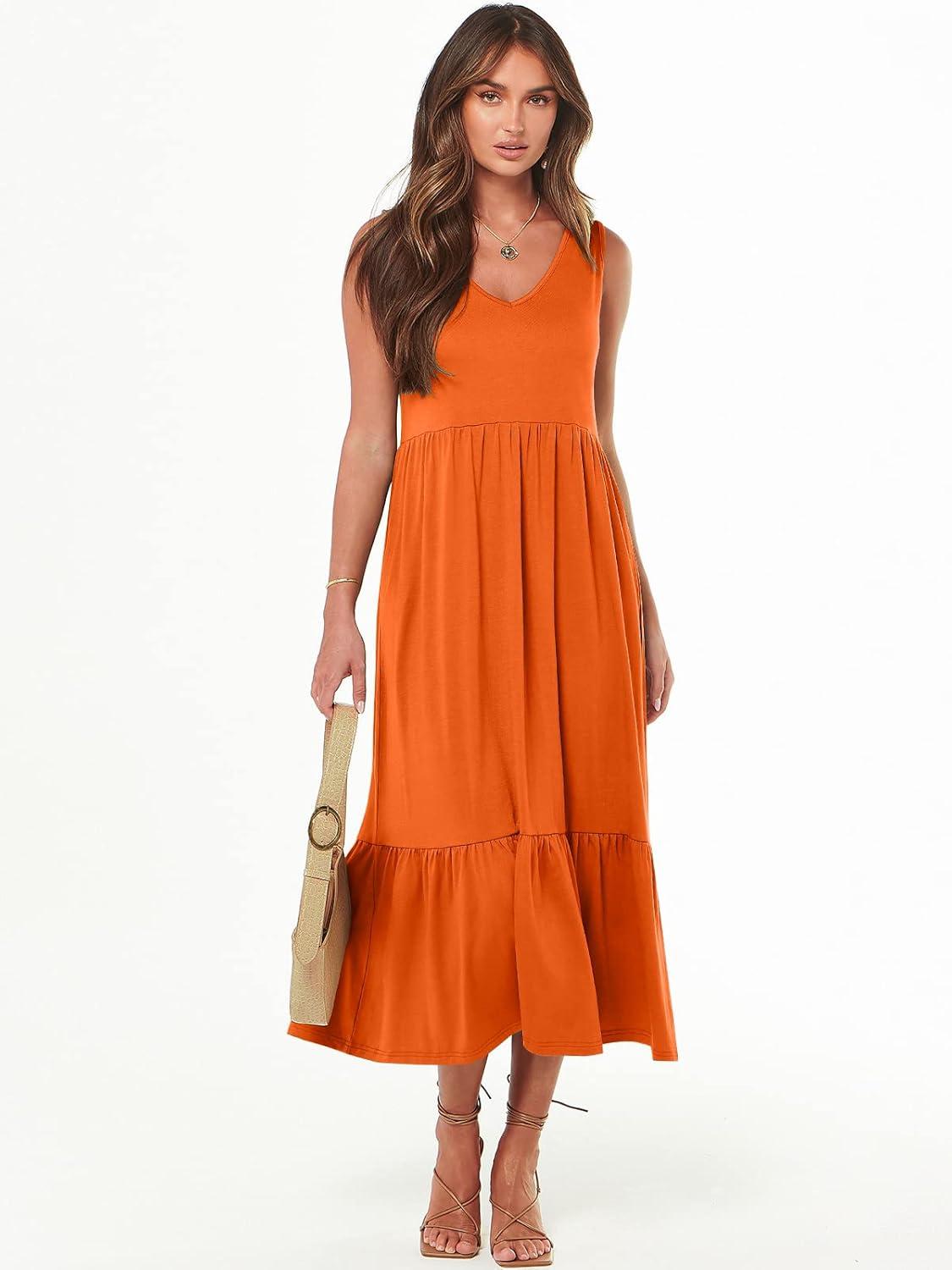 imageANRABESS Womens Summer Maxi Dresses Fit ampamp Flare Flowy V Neck Sleeveless Swing Casual Tiered Beach Sundress with PocketsOrange