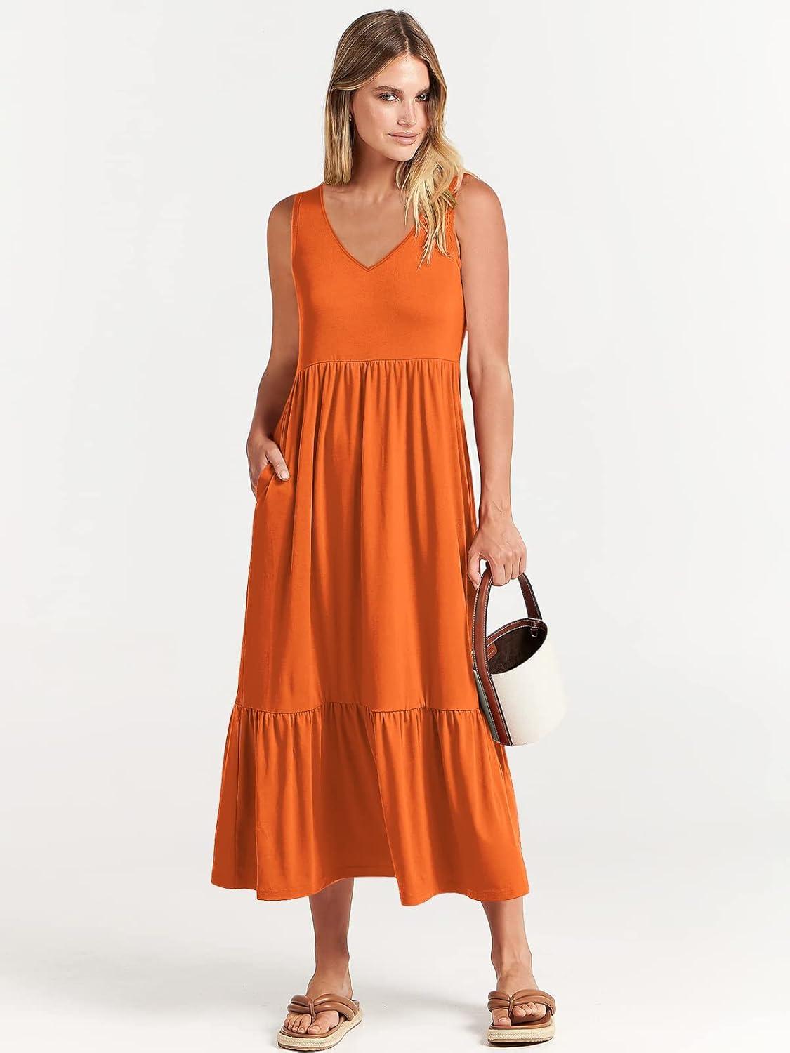 imageANRABESS Womens Summer Maxi Dresses Fit ampamp Flare Flowy V Neck Sleeveless Swing Casual Tiered Beach Sundress with PocketsOrange