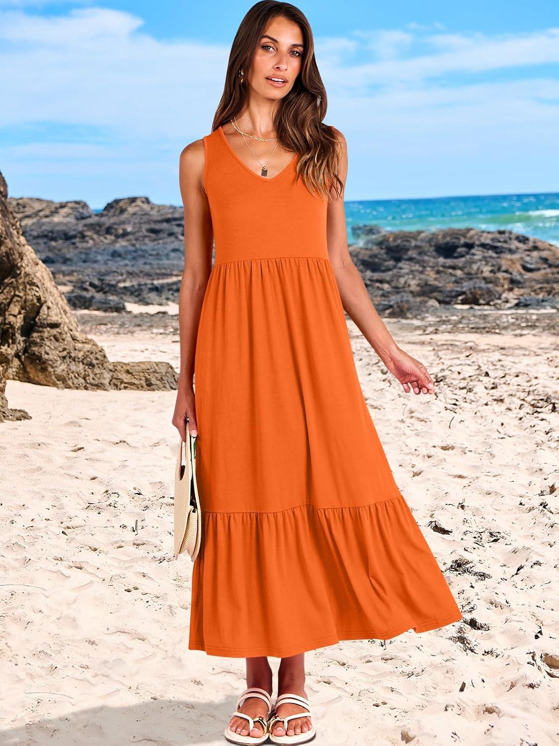 imageANRABESS Womens Summer Maxi Dresses Fit ampamp Flare Flowy V Neck Sleeveless Swing Casual Tiered Beach Sundress with PocketsOrange