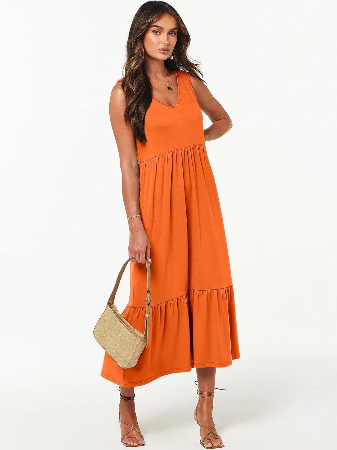 imageANRABESS Womens Summer Maxi Dresses Fit ampamp Flare Flowy V Neck Sleeveless Swing Casual Tiered Beach Sundress with PocketsOrange