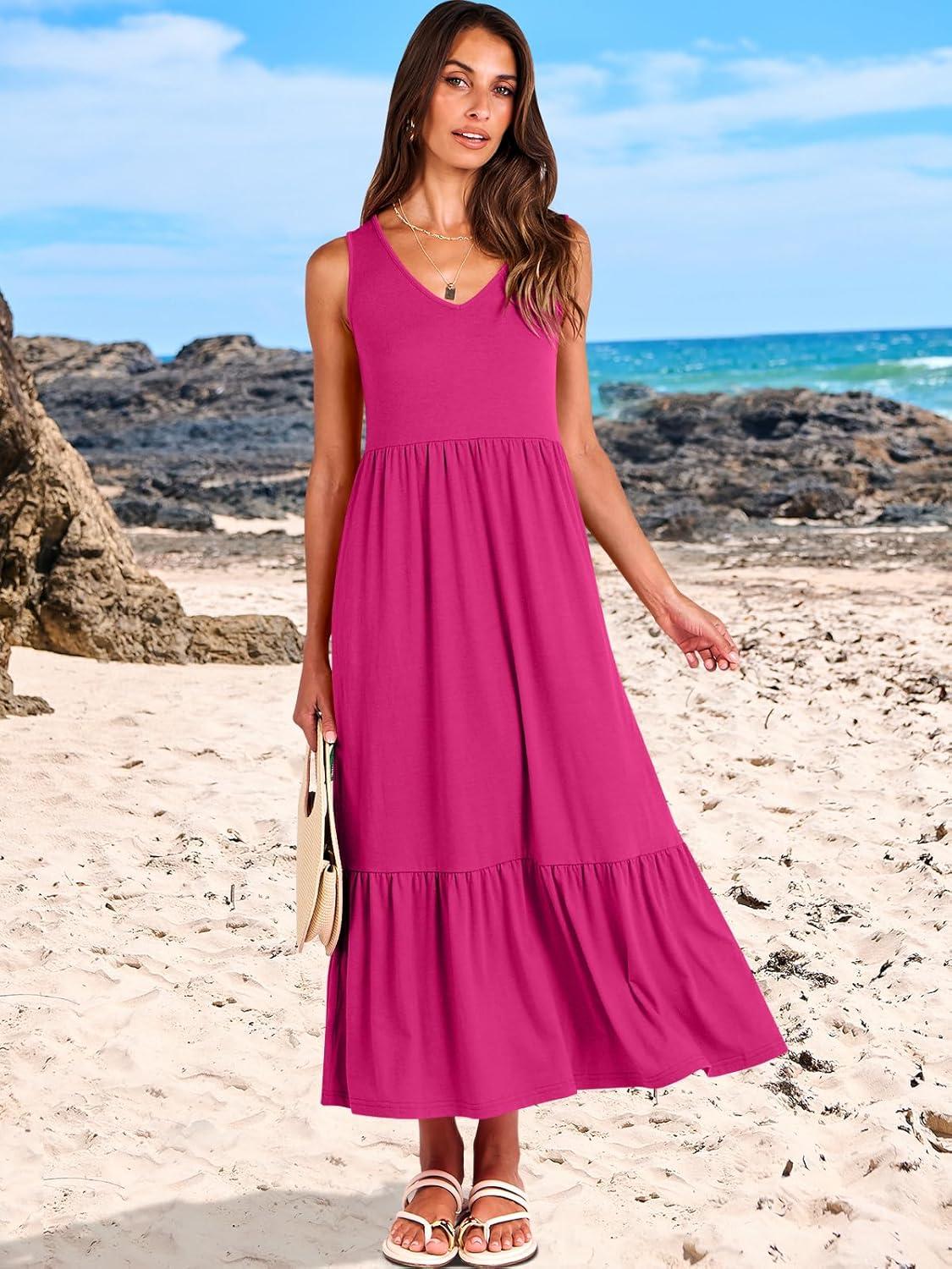 imageANRABESS Womens Summer Maxi Dresses Fit ampamp Flare Flowy V Neck Sleeveless Swing Casual Tiered Beach Sundress with PocketsRose