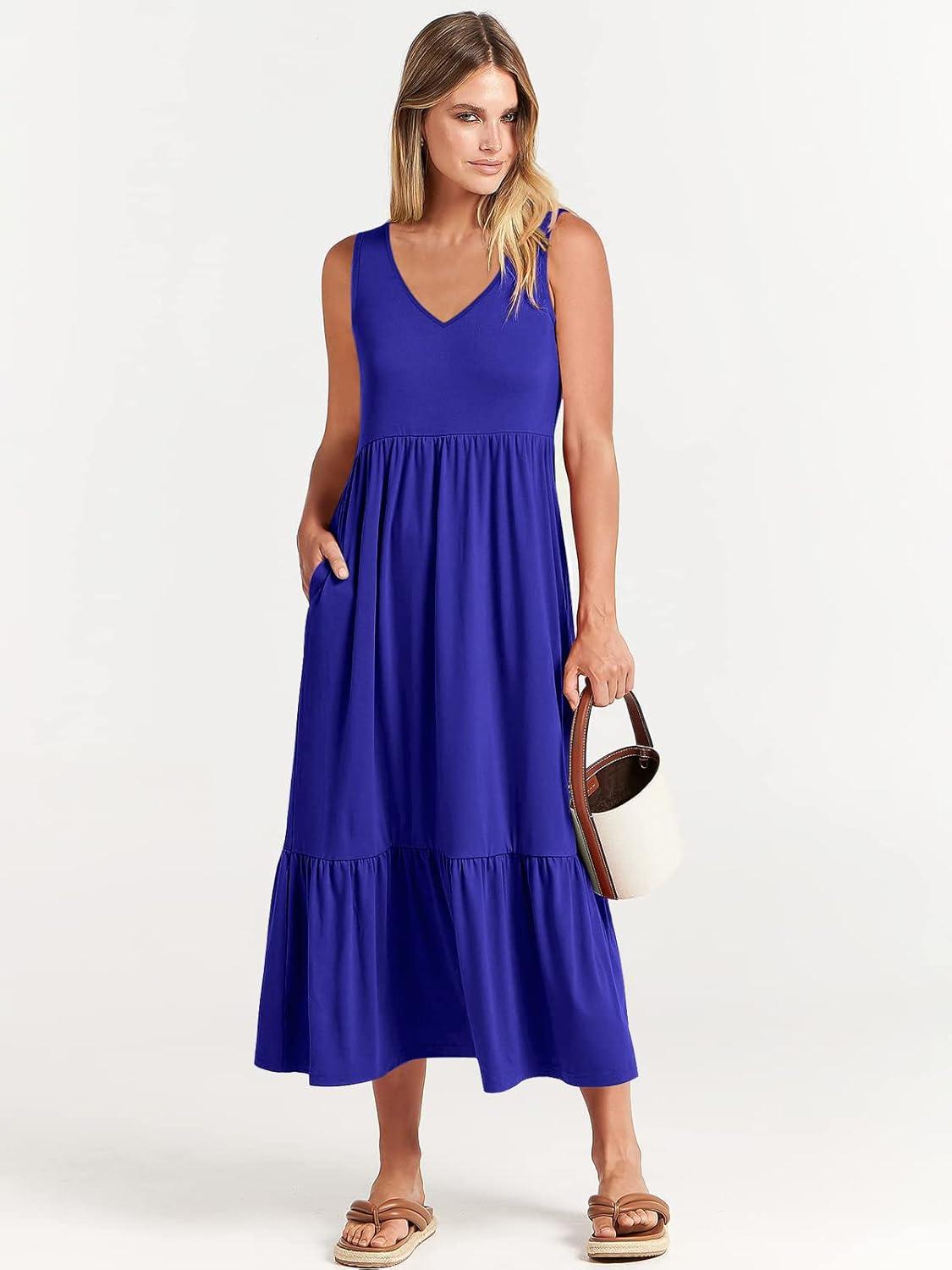 imageANRABESS Womens Summer Maxi Dresses Fit ampamp Flare Flowy V Neck Sleeveless Swing Casual Tiered Beach Sundress with PocketsRoyal Blue