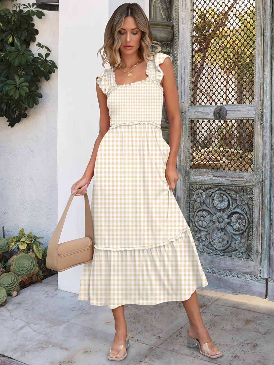 imageANRABESS Womens Summer Sleeveless Maxi Dress Square Neck Smocked Boho Casual Ruffle Strap Flowy ALine Long Beach SundressKhaki Plaid Beige