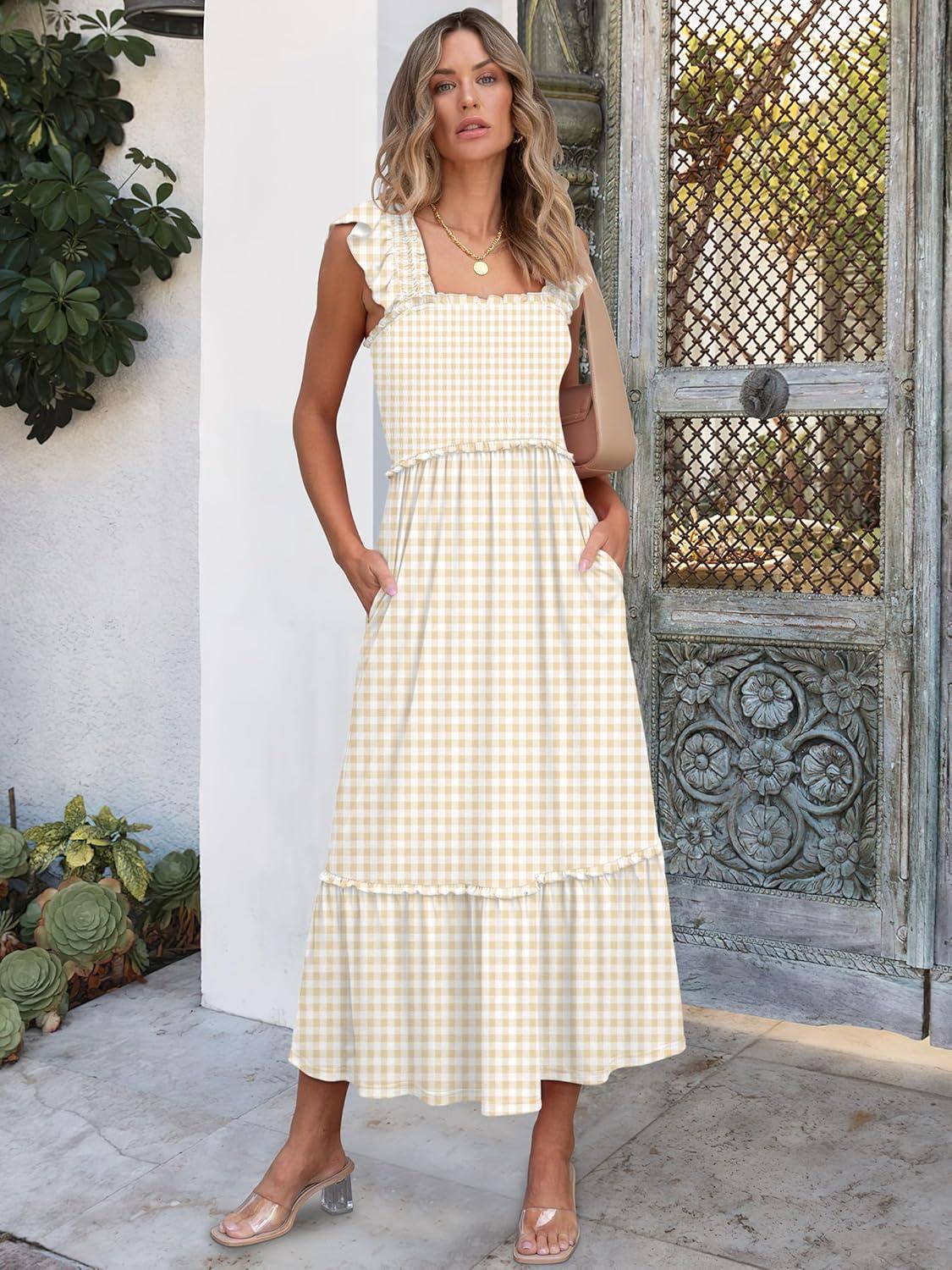 imageANRABESS Womens Summer Sleeveless Maxi Dress Square Neck Smocked Boho Casual Ruffle Strap Flowy ALine Long Beach SundressKhaki Plaid Beige
