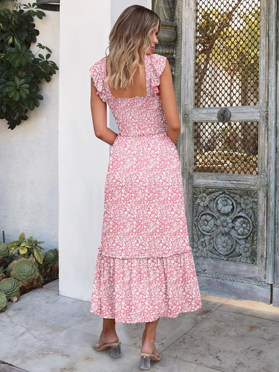 imageANRABESS Womens Summer Sleeveless Maxi Dress Square Neck Smocked Boho Casual Ruffle Strap Flowy ALine Long Beach SundressPrint Floral Pink