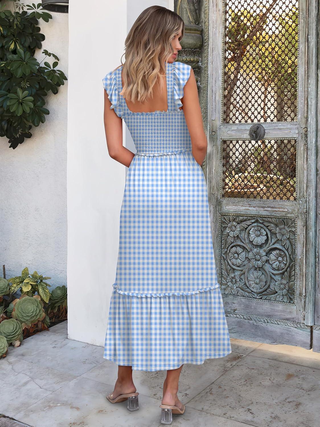 imageANRABESS Womens Summer Sleeveless Maxi Dress Square Neck Smocked Boho Casual Ruffle Strap Flowy ALine Long Beach SundressSky Blue Plaid