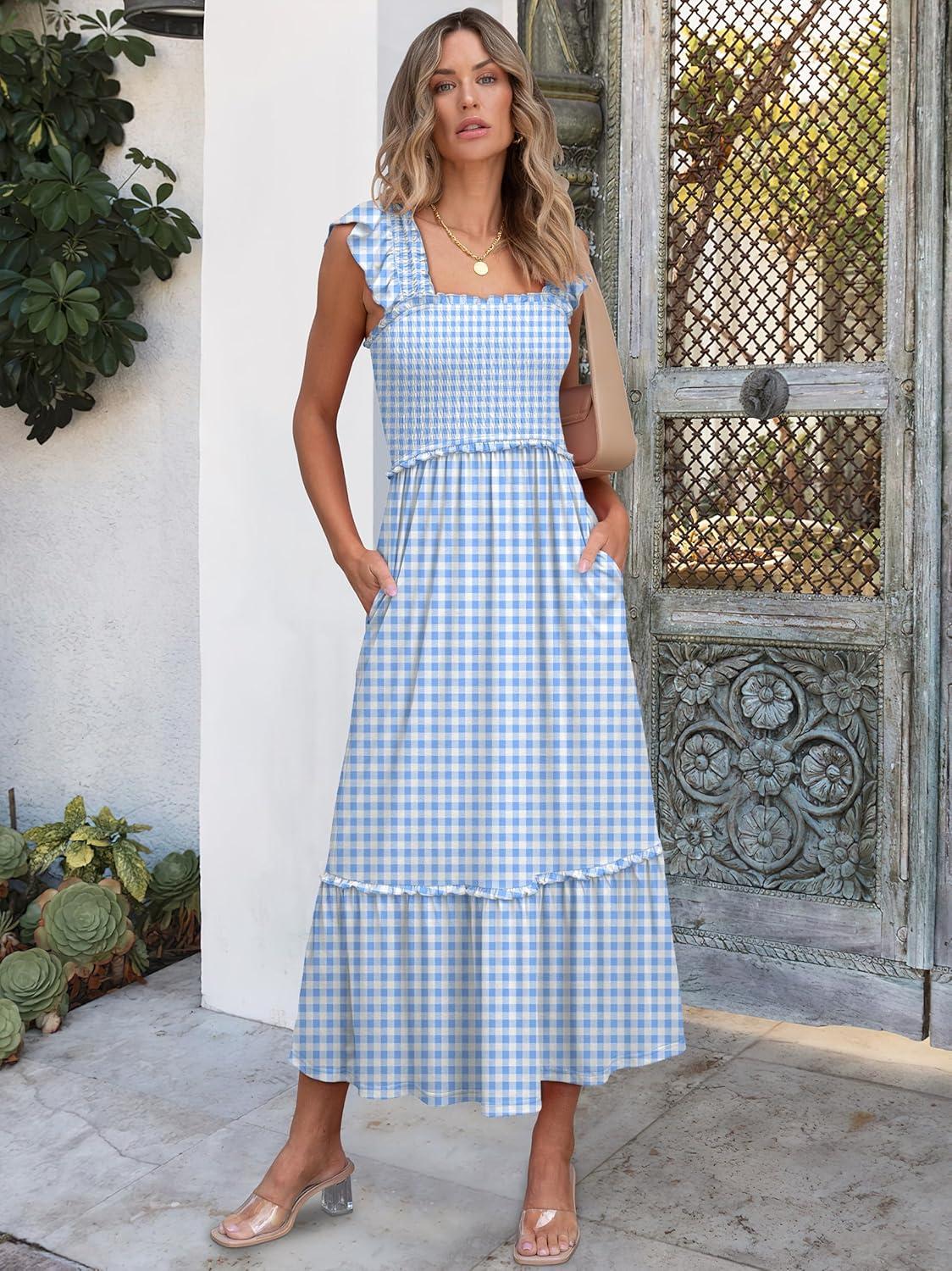 imageANRABESS Womens Summer Sleeveless Maxi Dress Square Neck Smocked Boho Casual Ruffle Strap Flowy ALine Long Beach SundressSky Blue Plaid