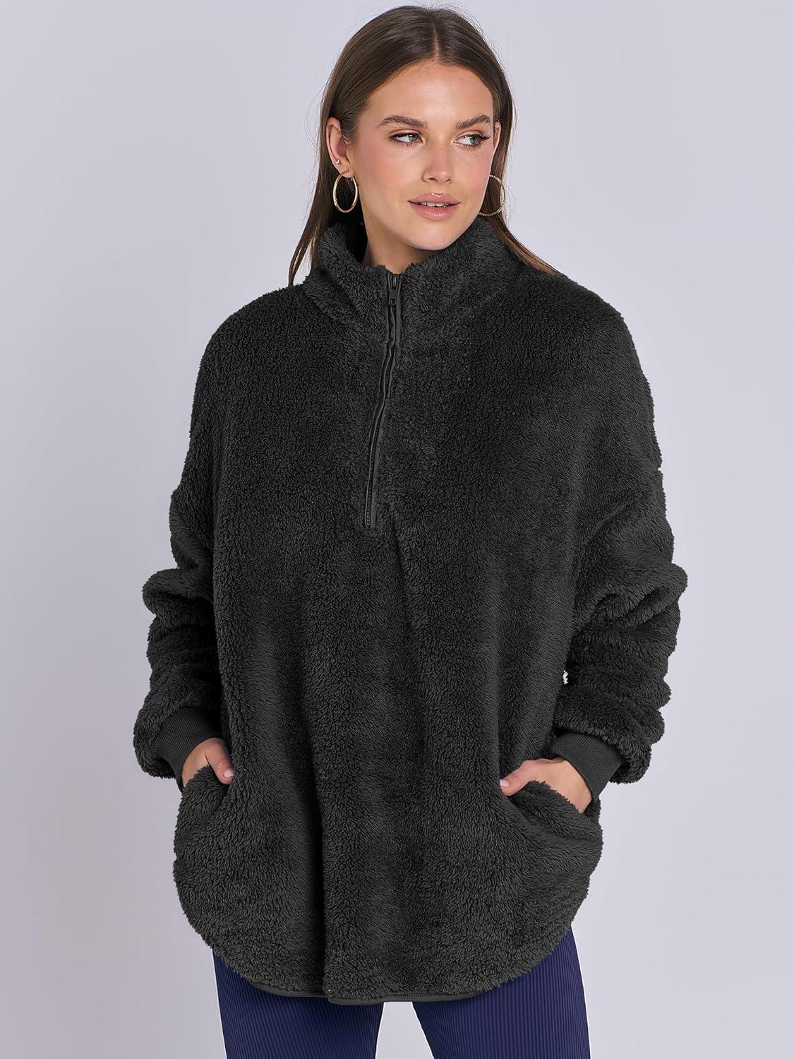 imageANRABESS Womens Sweatshirt Sherpa Fuzzy Fleece Zip Up Hoodies Cozy Pullover Soft Sweaters Tops 2025 Fall Trendy ClothesBlack