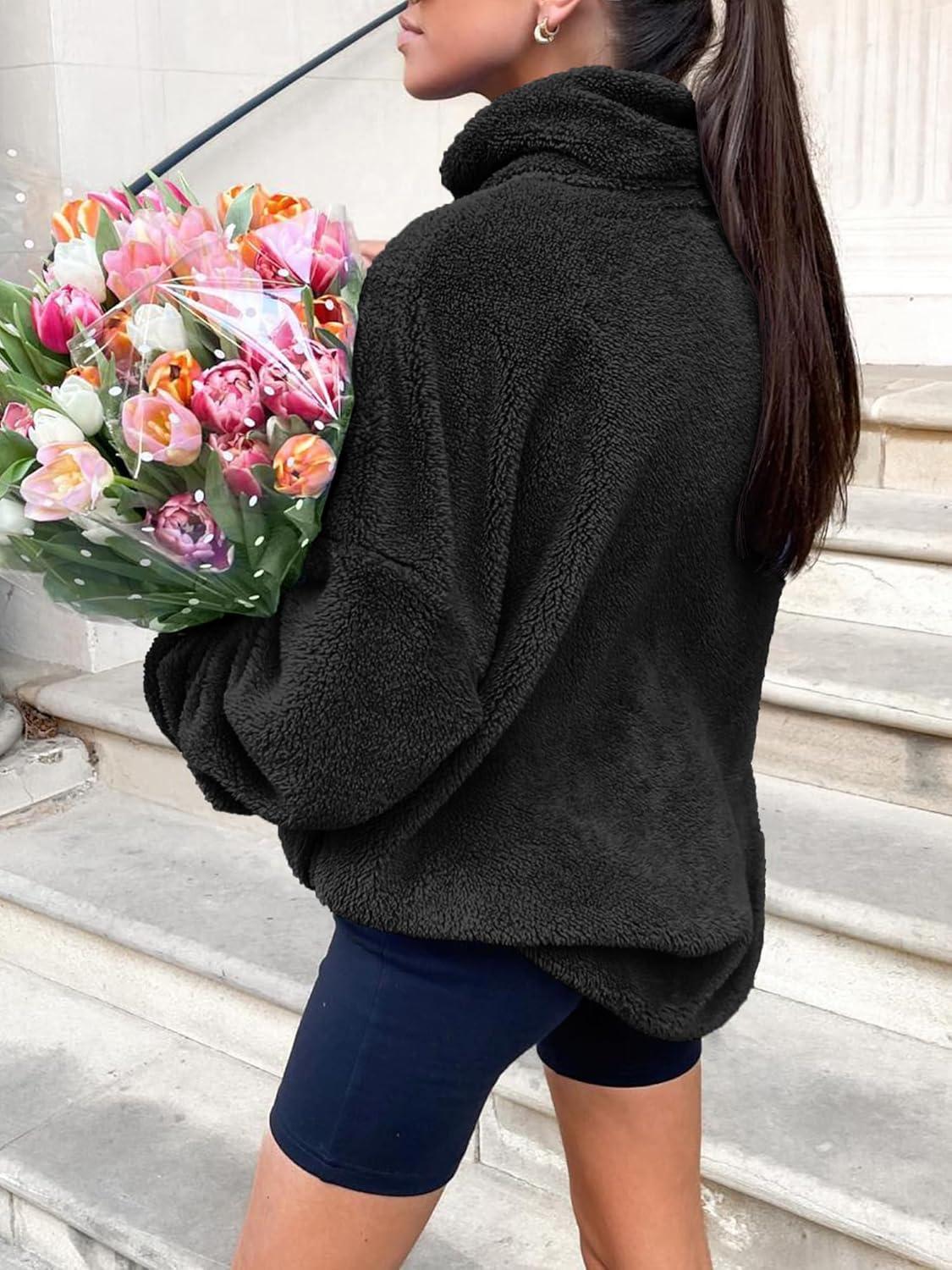 imageANRABESS Womens Sweatshirt Sherpa Fuzzy Fleece Zip Up Hoodies Cozy Pullover Soft Sweaters Tops 2025 Fall Trendy ClothesBlack