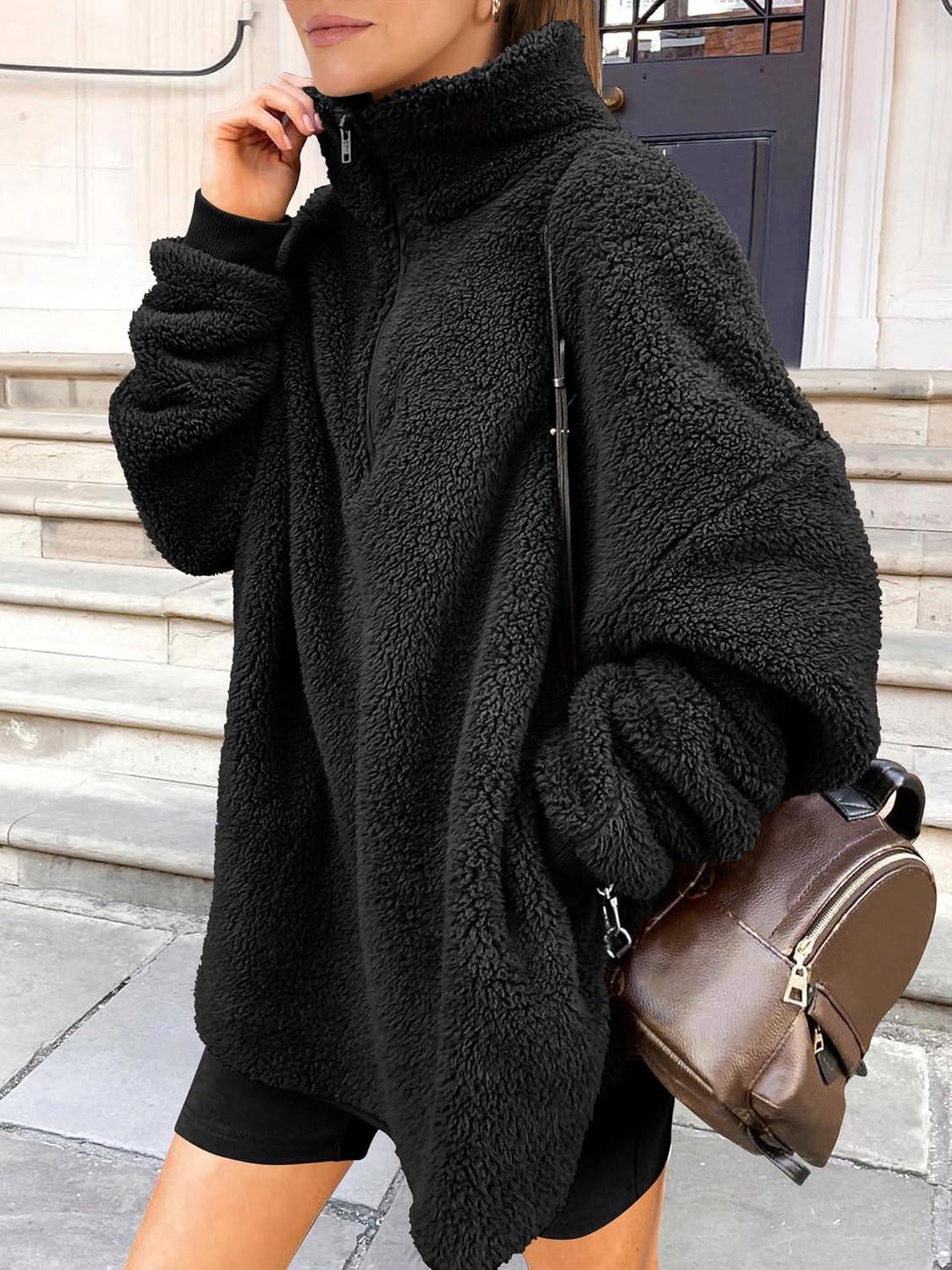 imageANRABESS Womens Sweatshirt Sherpa Fuzzy Fleece Zip Up Hoodies Cozy Pullover Soft Sweaters Tops 2025 Fall Trendy ClothesBlack