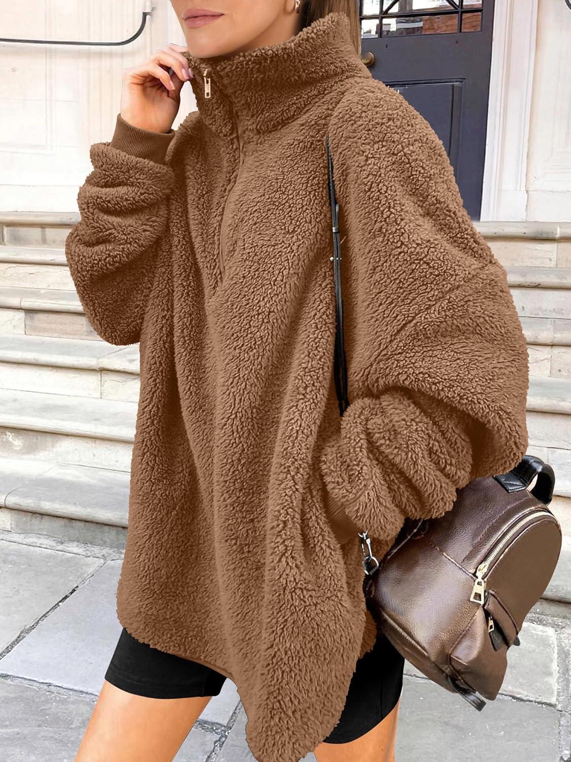 imageANRABESS Womens Sweatshirt Sherpa Fuzzy Fleece Zip Up Hoodies Cozy Pullover Soft Sweaters Tops 2025 Fall Trendy ClothesBrown