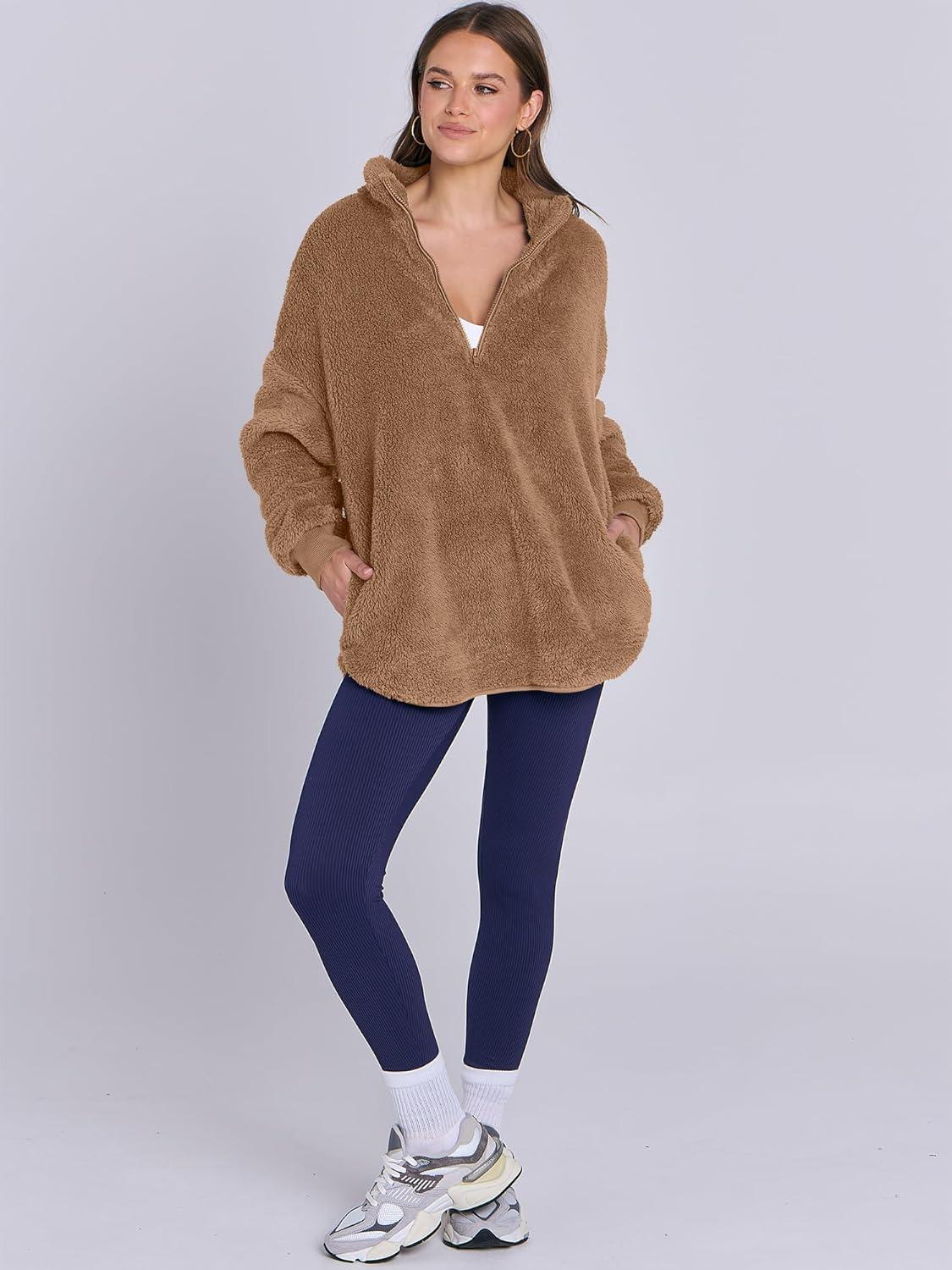 imageANRABESS Womens Sweatshirt Sherpa Fuzzy Fleece Zip Up Hoodies Cozy Pullover Soft Sweaters Tops 2025 Fall Trendy ClothesBrown