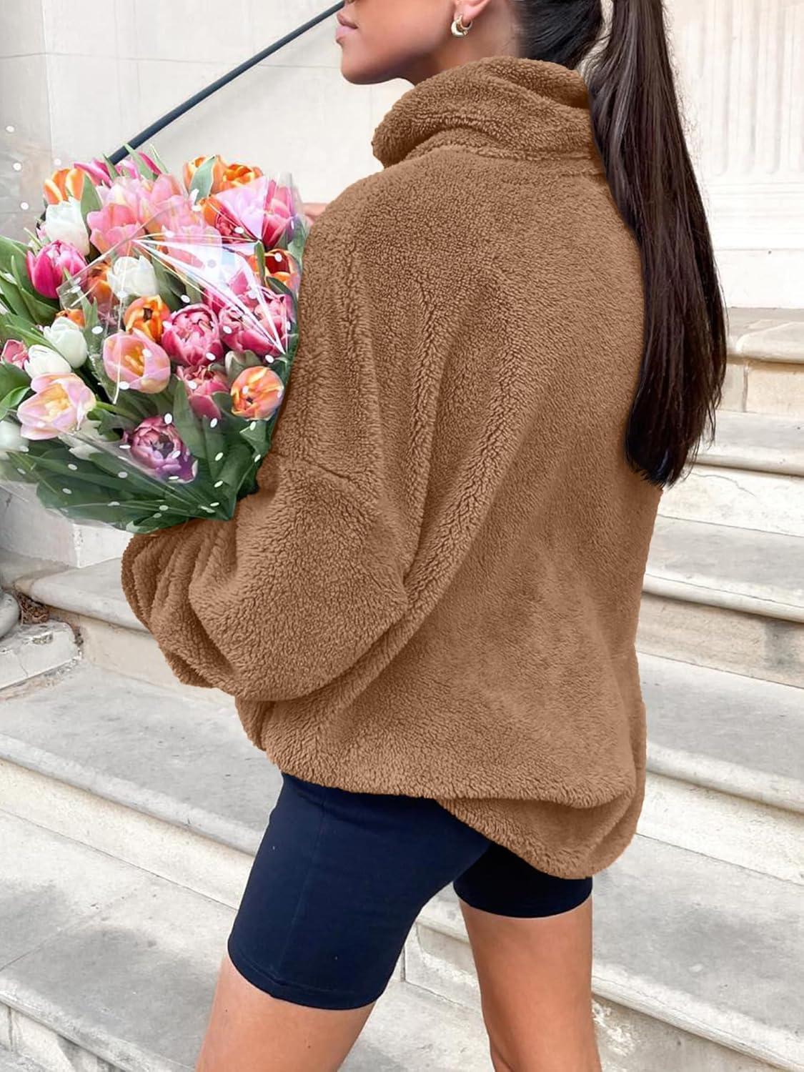 imageANRABESS Womens Sweatshirt Sherpa Fuzzy Fleece Zip Up Hoodies Cozy Pullover Soft Sweaters Tops 2025 Fall Trendy ClothesBrown