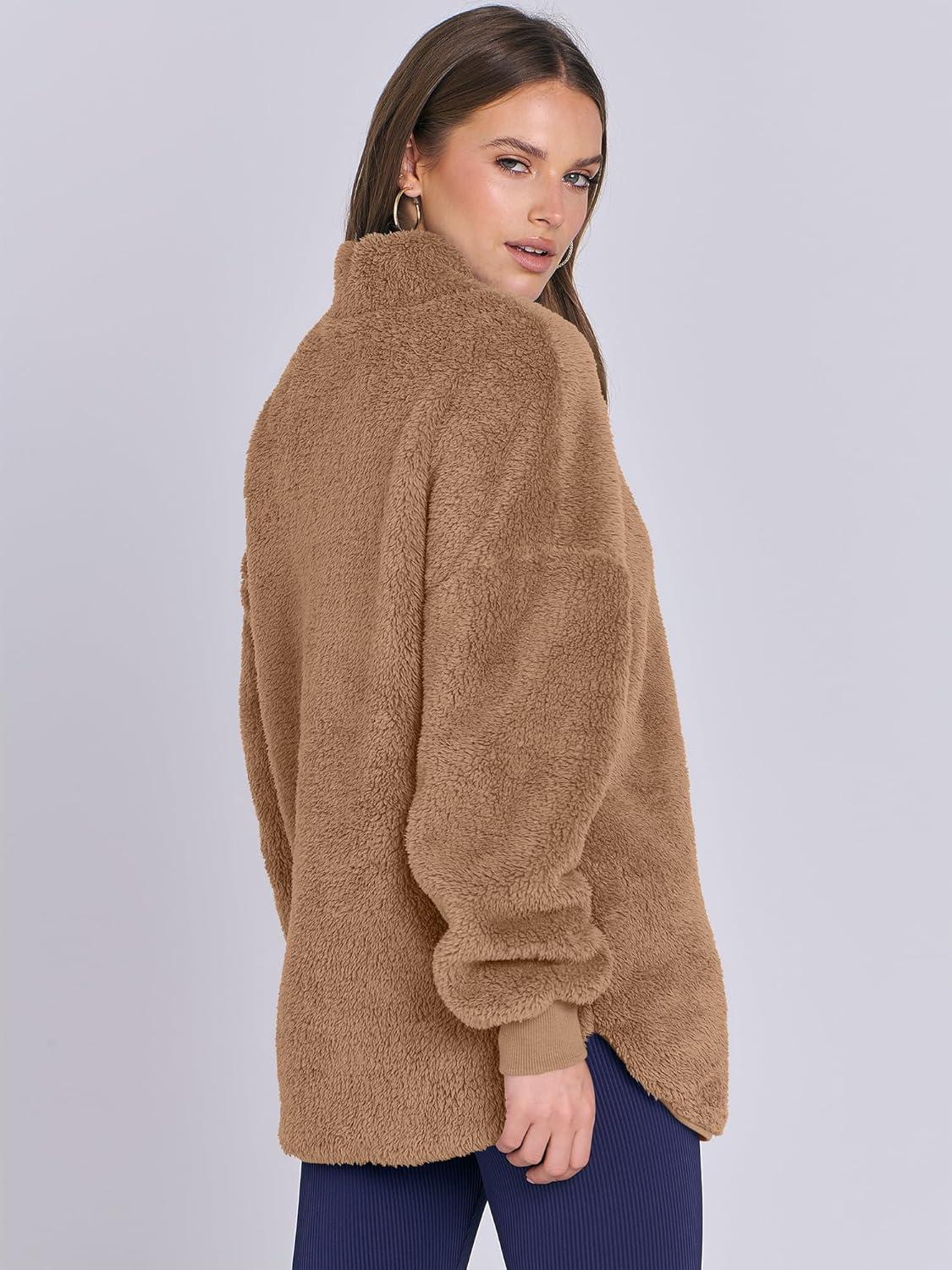 imageANRABESS Womens Sweatshirt Sherpa Fuzzy Fleece Zip Up Hoodies Cozy Pullover Soft Sweaters Tops 2025 Fall Trendy ClothesBrown