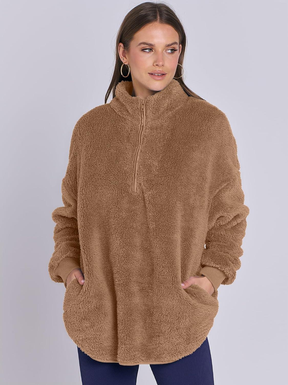 imageANRABESS Womens Sweatshirt Sherpa Fuzzy Fleece Zip Up Hoodies Cozy Pullover Soft Sweaters Tops 2025 Fall Trendy ClothesBrown