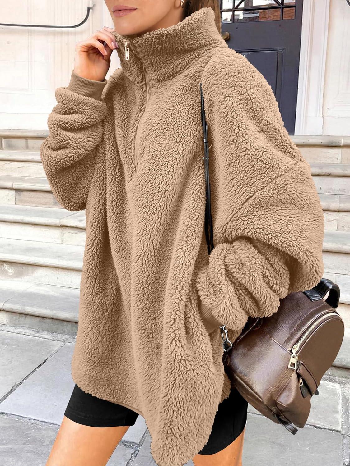 imageANRABESS Womens Sweatshirt Sherpa Fuzzy Fleece Zip Up Hoodies Cozy Pullover Soft Sweaters Tops 2025 Fall Trendy ClothesKhaki