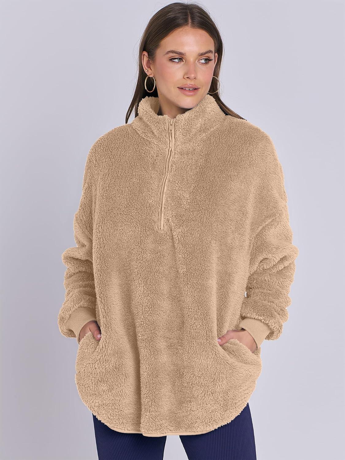 imageANRABESS Womens Sweatshirt Sherpa Fuzzy Fleece Zip Up Hoodies Cozy Pullover Soft Sweaters Tops 2025 Fall Trendy ClothesKhaki