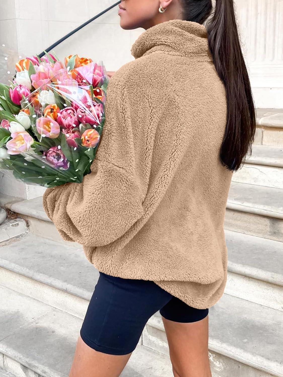 imageANRABESS Womens Sweatshirt Sherpa Fuzzy Fleece Zip Up Hoodies Cozy Pullover Soft Sweaters Tops 2025 Fall Trendy ClothesKhaki