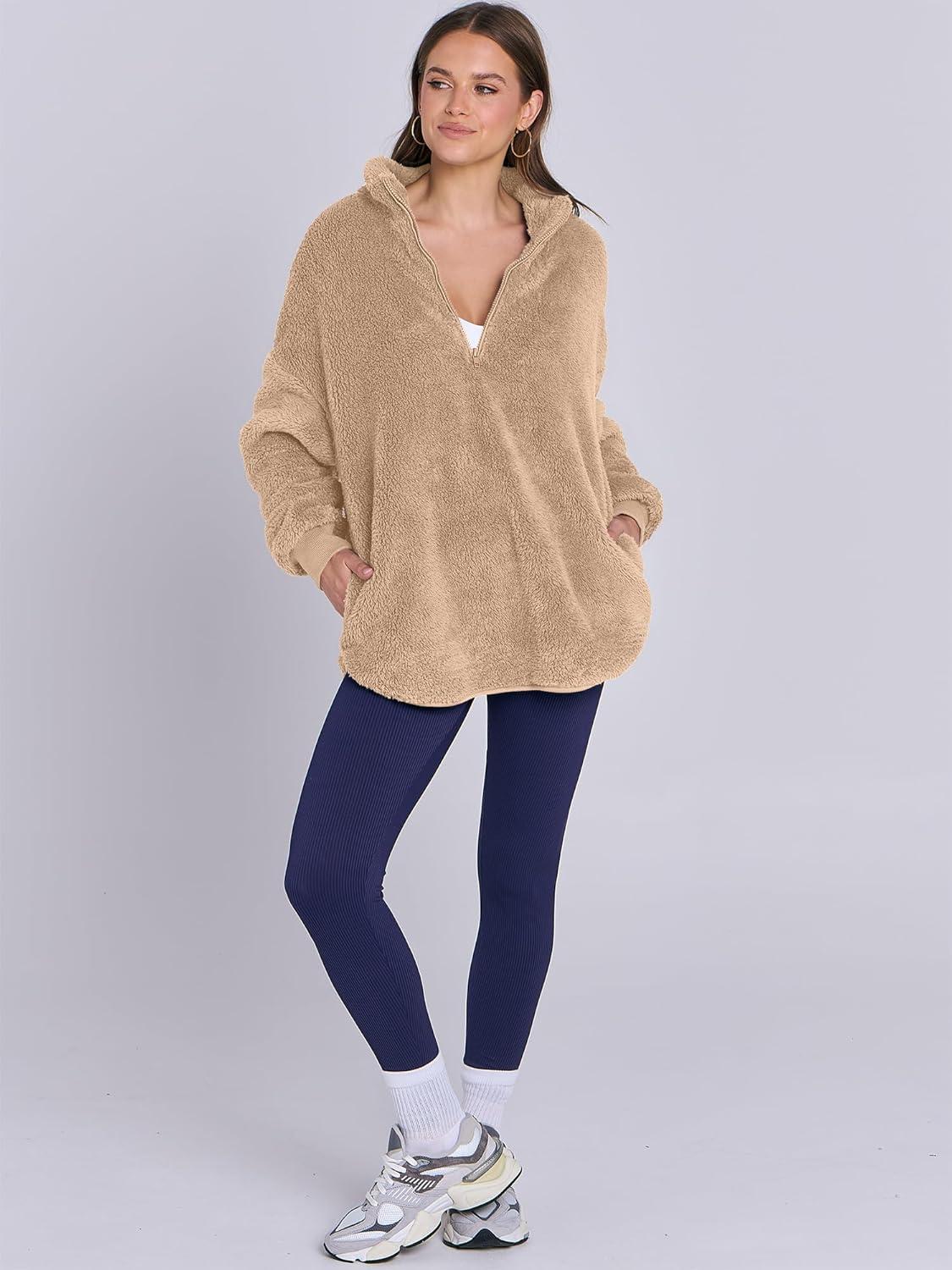 imageANRABESS Womens Sweatshirt Sherpa Fuzzy Fleece Zip Up Hoodies Cozy Pullover Soft Sweaters Tops 2025 Fall Trendy ClothesKhaki