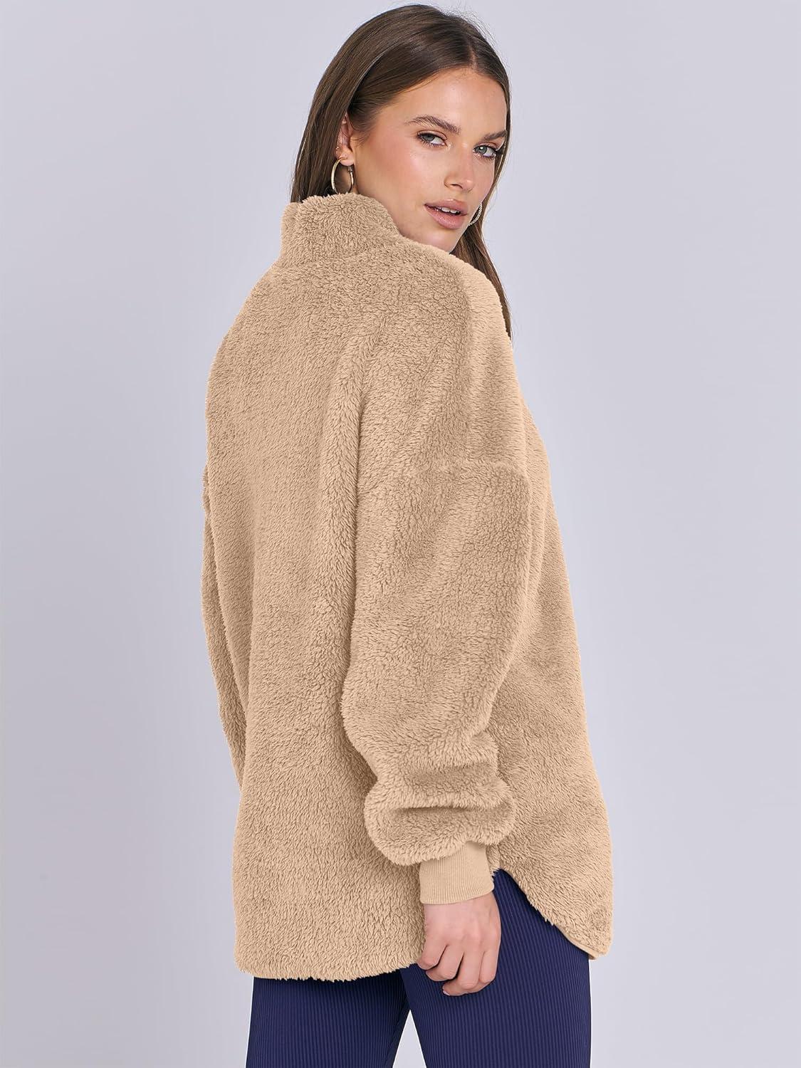 imageANRABESS Womens Sweatshirt Sherpa Fuzzy Fleece Zip Up Hoodies Cozy Pullover Soft Sweaters Tops 2025 Fall Trendy ClothesKhaki