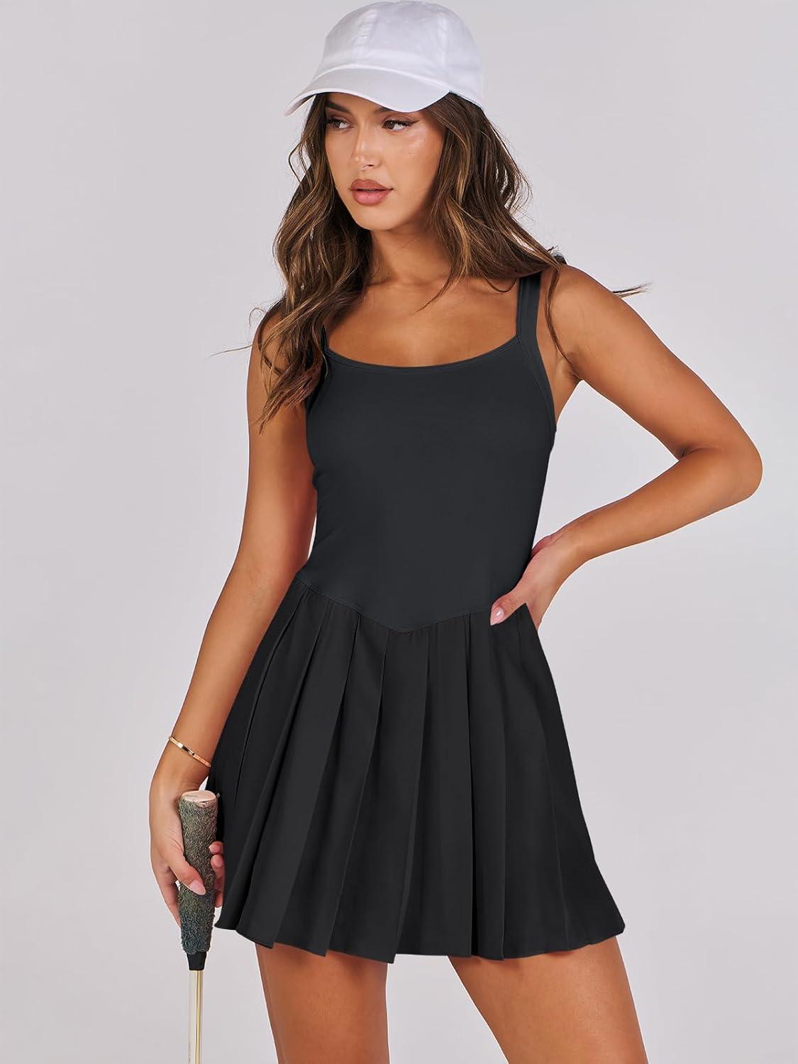 imageANRABESS Womens Tennis Athletic Pleated Summer Mini Dress 2025 Golf Workout Build in Shorts Casual Romper Short SundressBlack