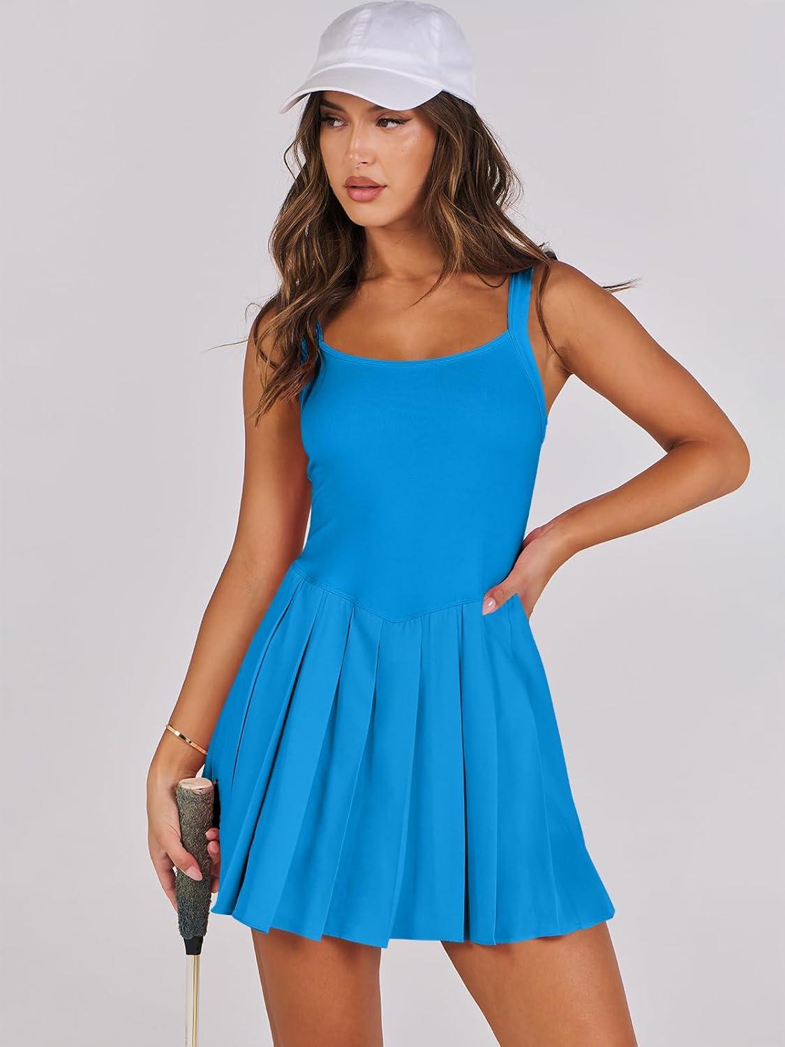 imageANRABESS Womens Tennis Athletic Pleated Summer Mini Dress 2025 Golf Workout Build in Shorts Casual Romper Short SundressBlue