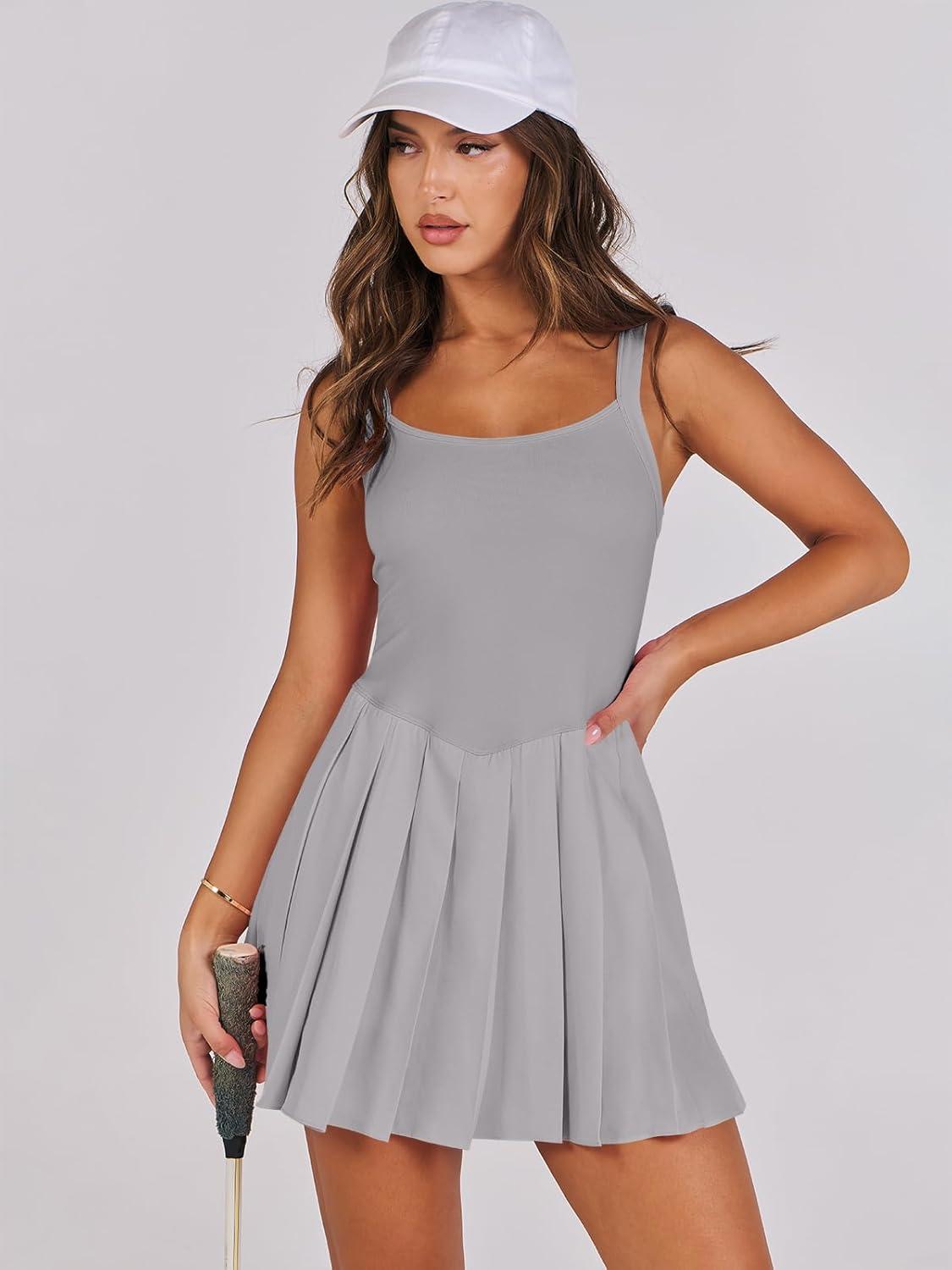 imageANRABESS Womens Tennis Athletic Pleated Summer Mini Dress 2025 Golf Workout Build in Shorts Casual Romper Short SundressGray