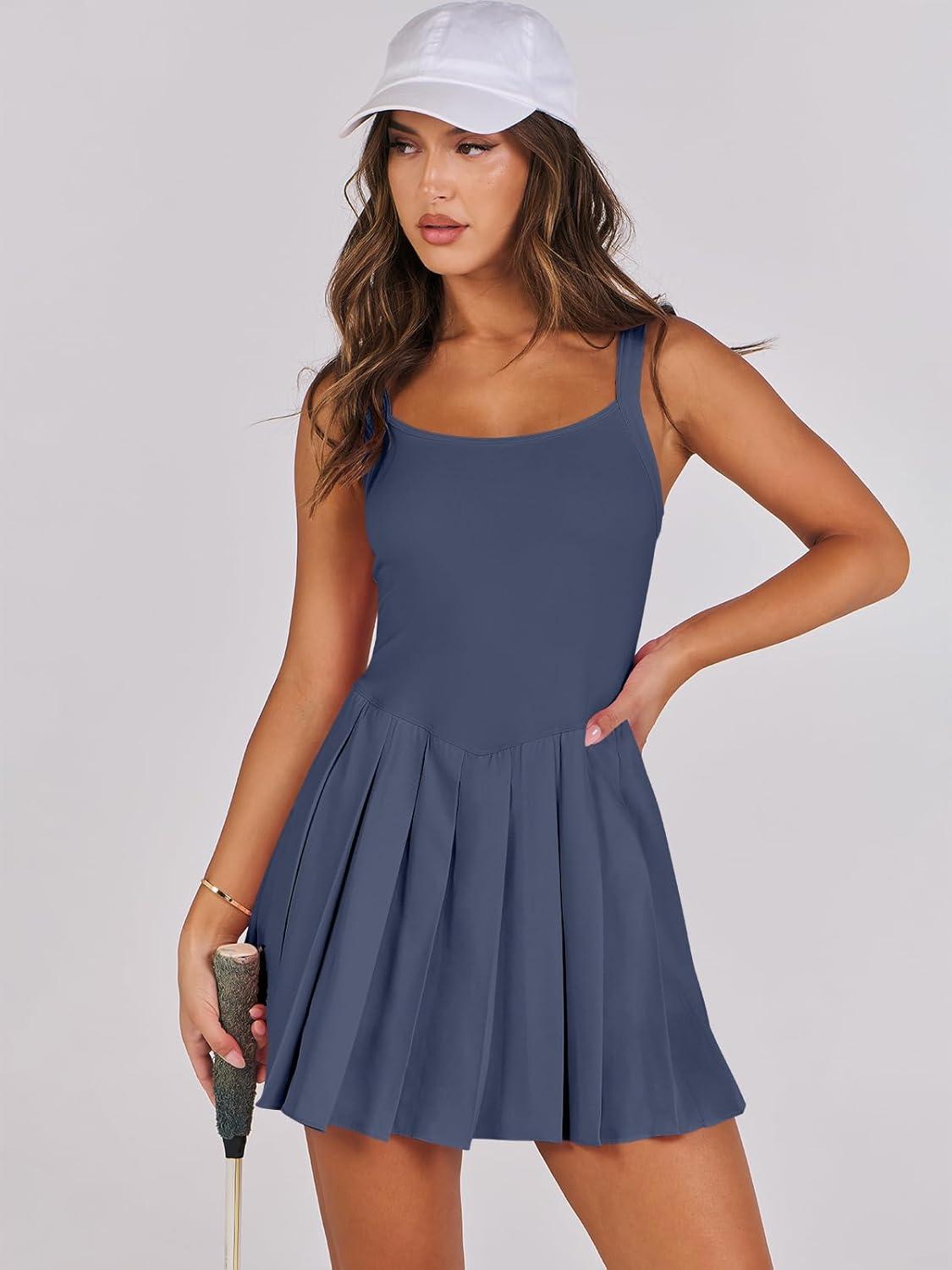 imageANRABESS Womens Tennis Athletic Pleated Summer Mini Dress 2025 Golf Workout Build in Shorts Casual Romper Short SundressGray Blue