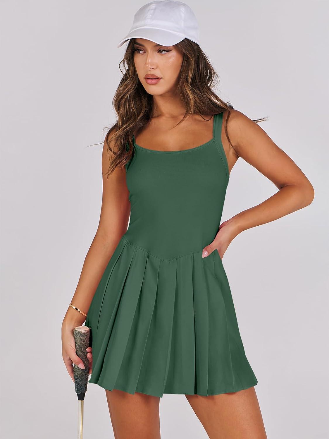 imageANRABESS Womens Tennis Athletic Pleated Summer Mini Dress 2025 Golf Workout Build in Shorts Casual Romper Short SundressGreen