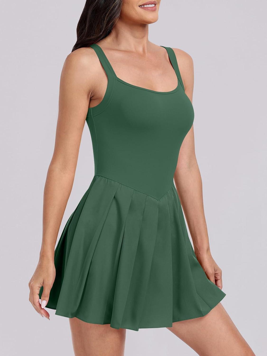 imageANRABESS Womens Tennis Athletic Pleated Summer Mini Dress 2025 Golf Workout Build in Shorts Casual Romper Short SundressGreen