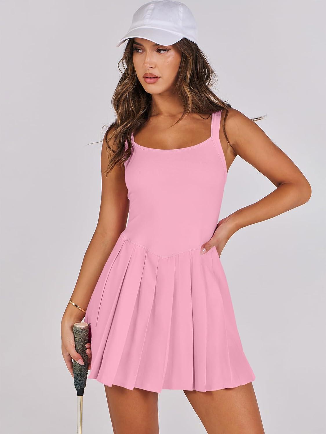 imageANRABESS Womens Tennis Athletic Pleated Summer Mini Dress 2025 Golf Workout Build in Shorts Casual Romper Short SundressLight Pink