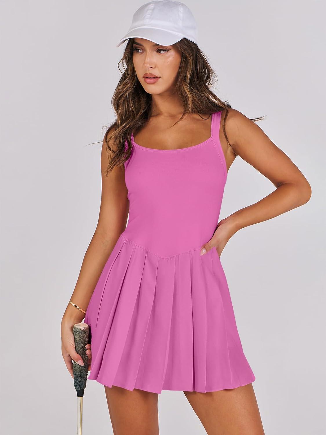 imageANRABESS Womens Tennis Athletic Pleated Summer Mini Dress 2025 Golf Workout Build in Shorts Casual Romper Short SundressPink