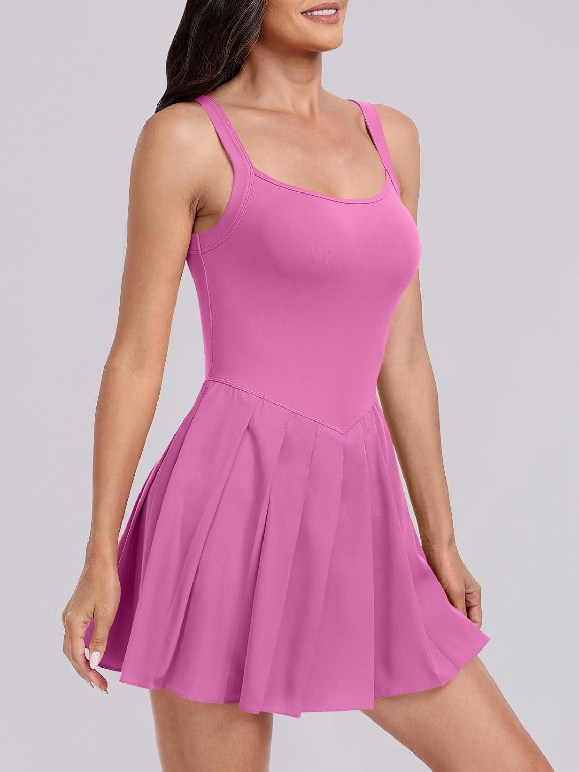 imageANRABESS Womens Tennis Athletic Pleated Summer Mini Dress 2025 Golf Workout Build in Shorts Casual Romper Short SundressPink