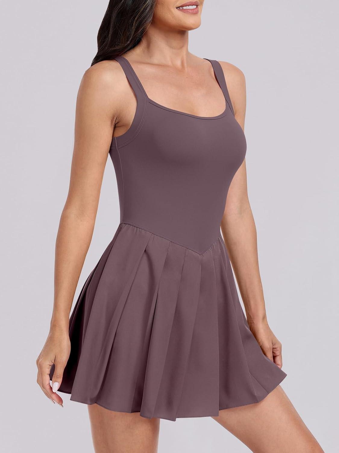 imageANRABESS Womens Tennis Athletic Pleated Summer Mini Dress 2025 Golf Workout Build in Shorts Casual Romper Short SundressPurple Brown