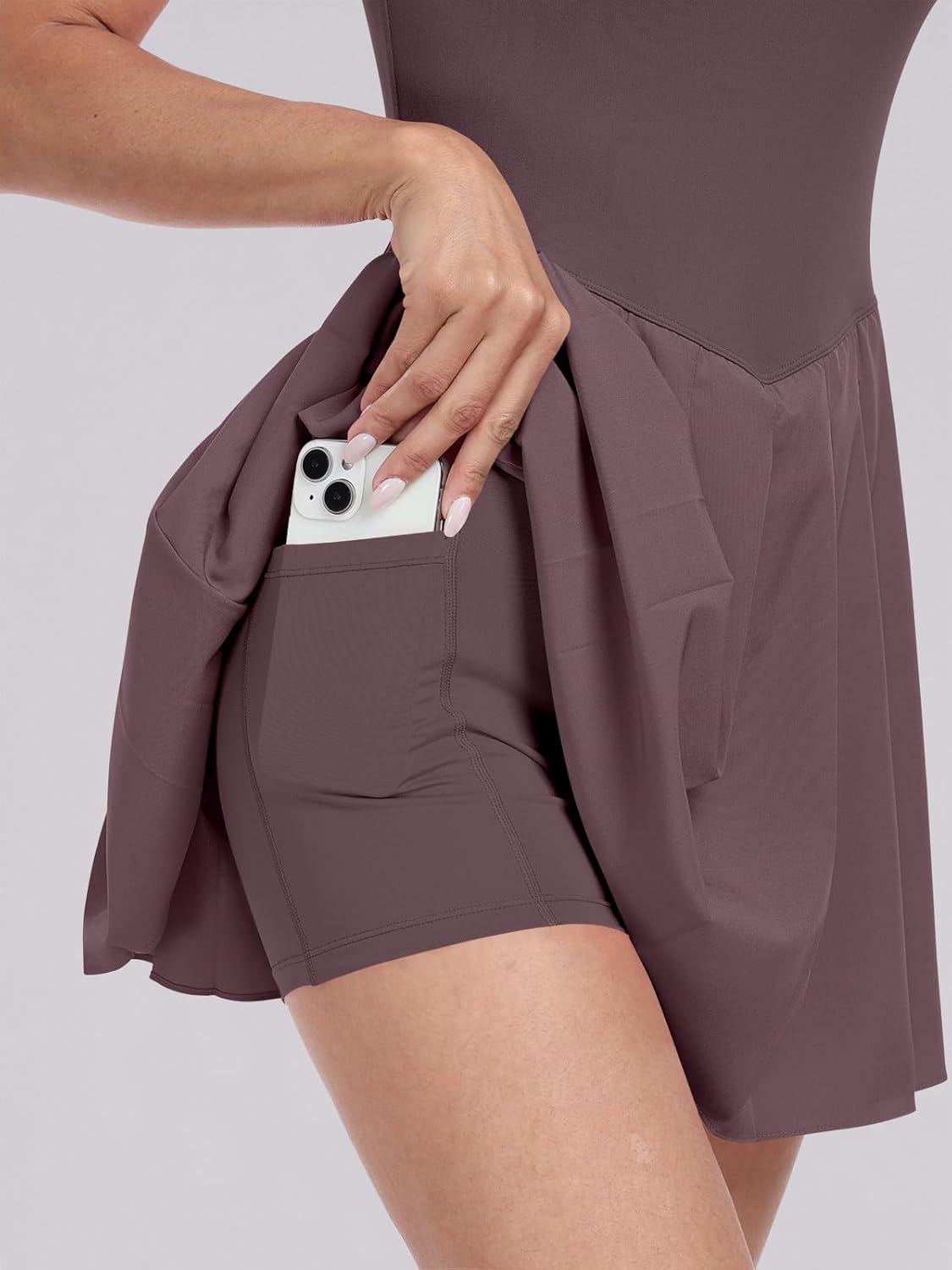 imageANRABESS Womens Tennis Athletic Pleated Summer Mini Dress 2025 Golf Workout Build in Shorts Casual Romper Short SundressPurple Brown