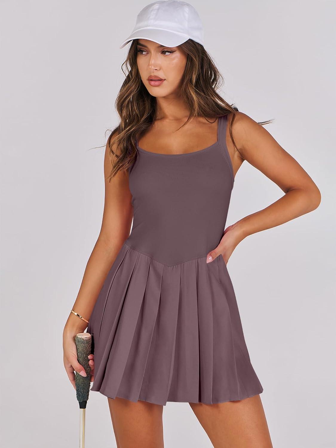 imageANRABESS Womens Tennis Athletic Pleated Summer Mini Dress 2025 Golf Workout Build in Shorts Casual Romper Short SundressPurple Brown