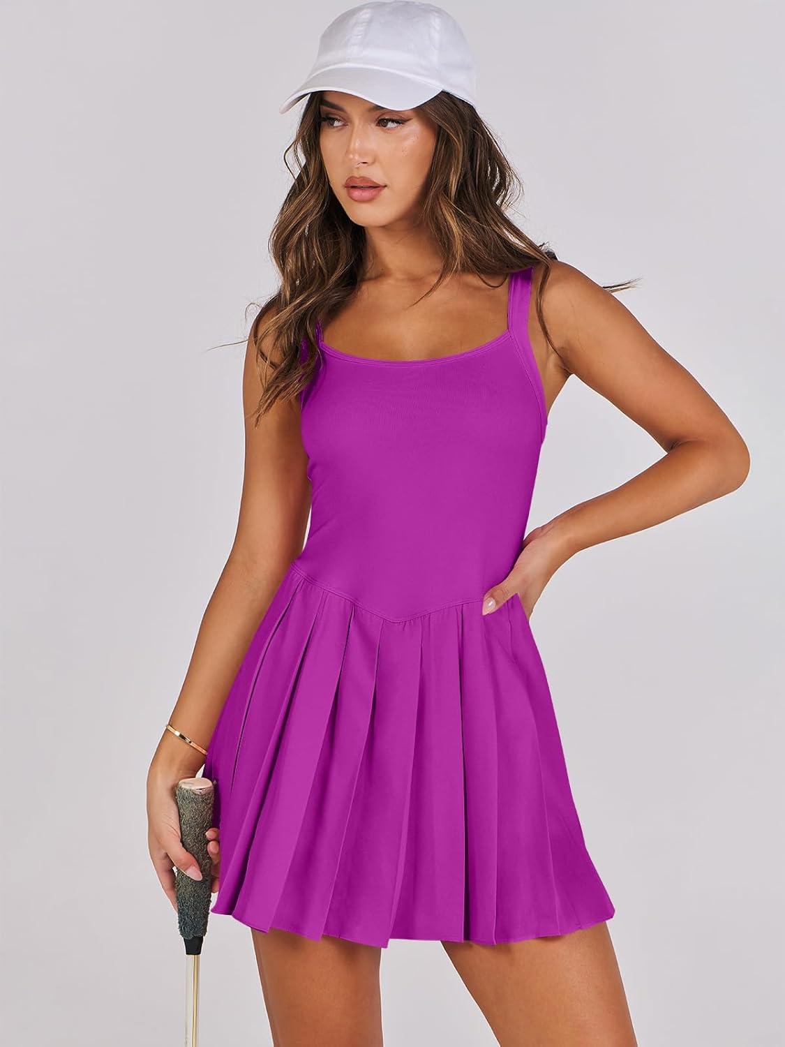 imageANRABESS Womens Tennis Athletic Pleated Summer Mini Dress 2025 Golf Workout Build in Shorts Casual Romper Short SundressPurple Red